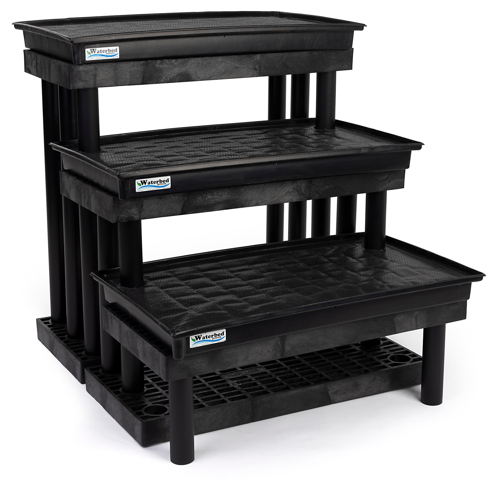 3 tier plastic garden center display rack features three watering trays 