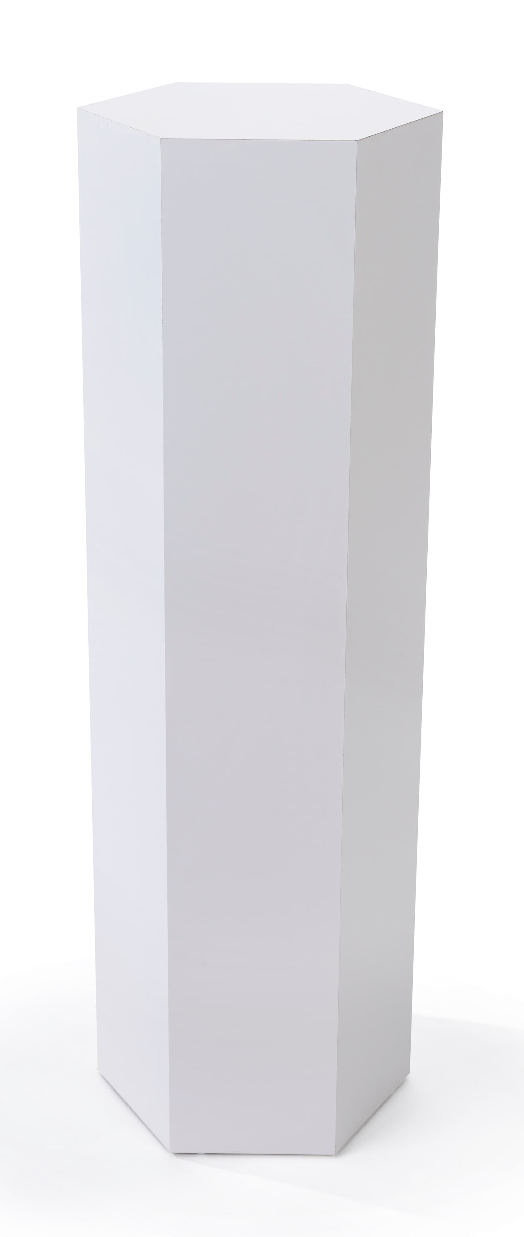 Hexagonal display pedestal with laminated white particle board build