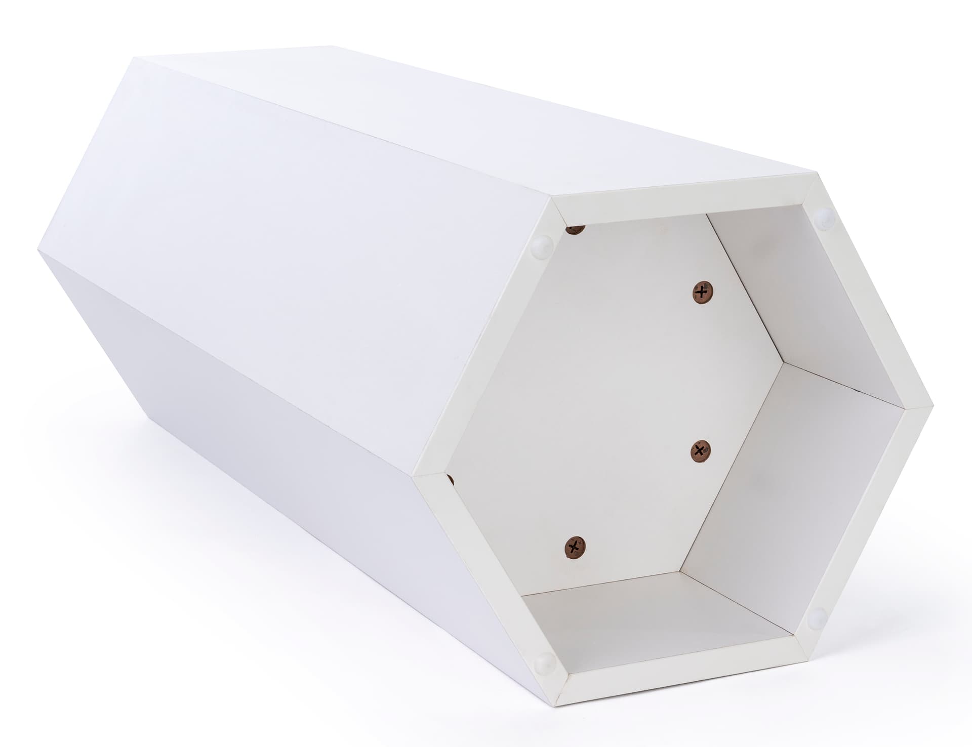 Set of 3 hexagonal gallery pedestals with recessed bottom and rubber scratch resistant feet
