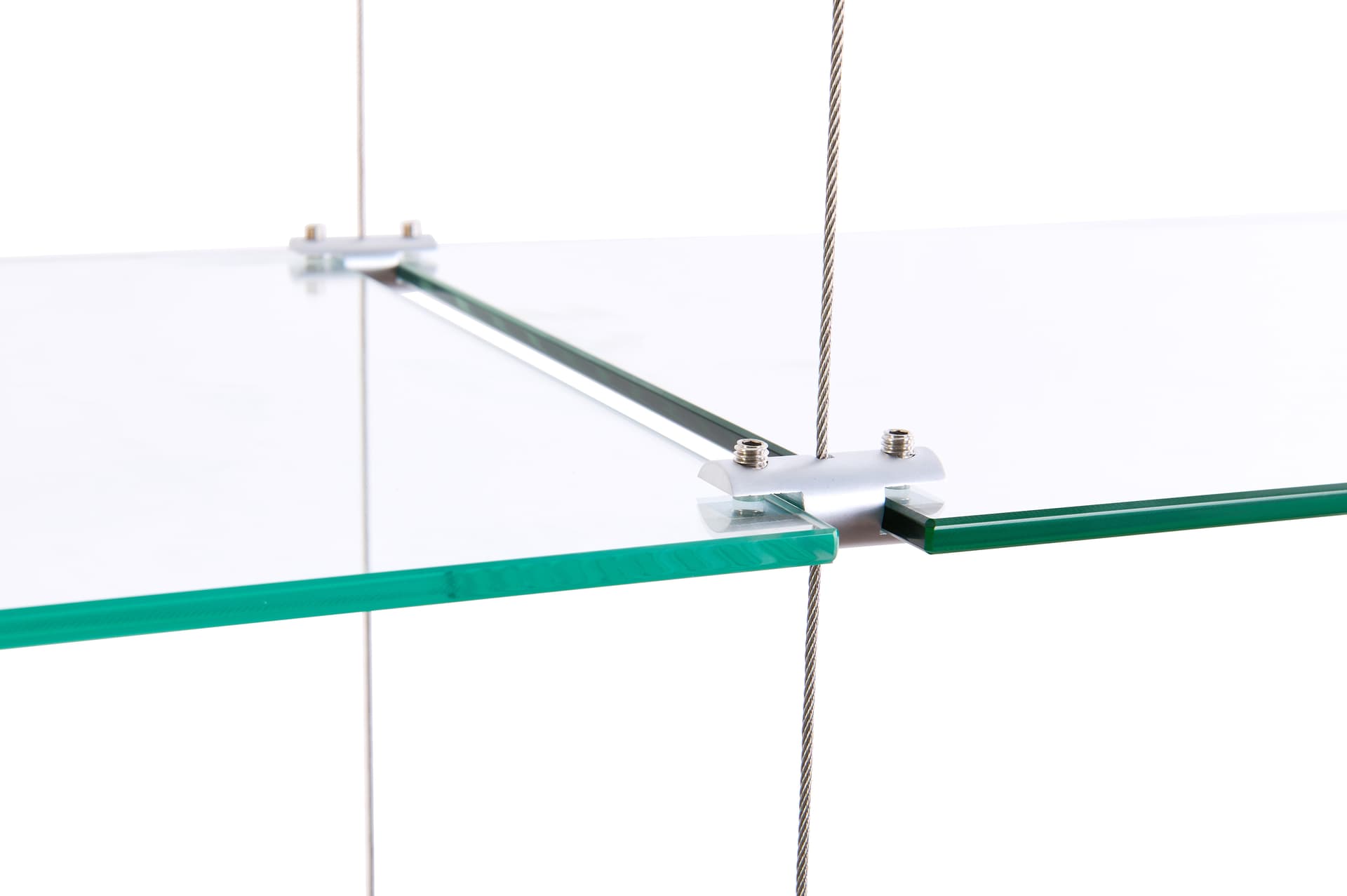 Glass shelves for SMHGSET4 cable shelving system with double ended clamp that simultaneously holds two shelves