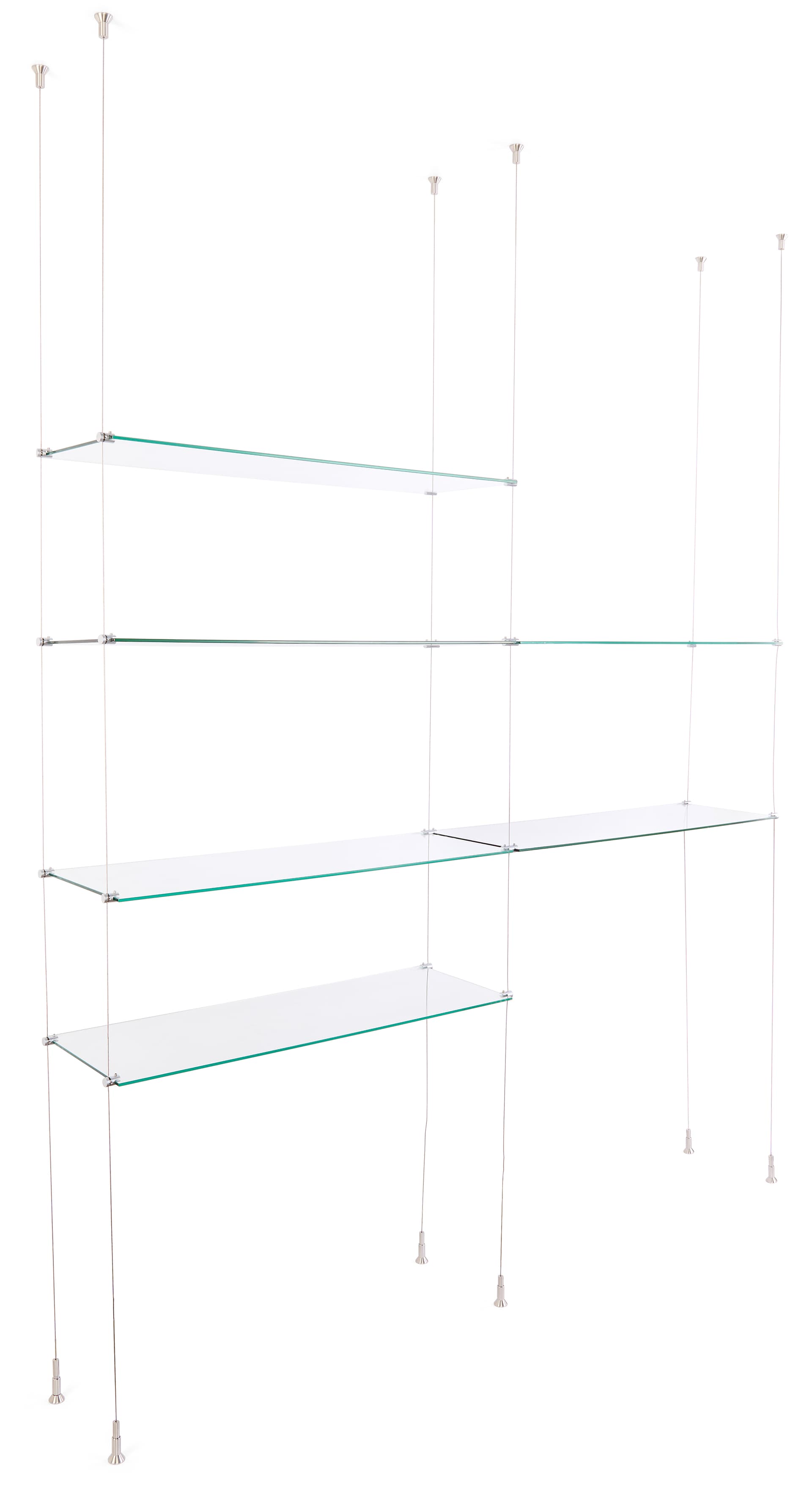 Glass shelves for SMHGSET4 cable shelving system can be paired with either of our 24 inch or 36 inch suspended display