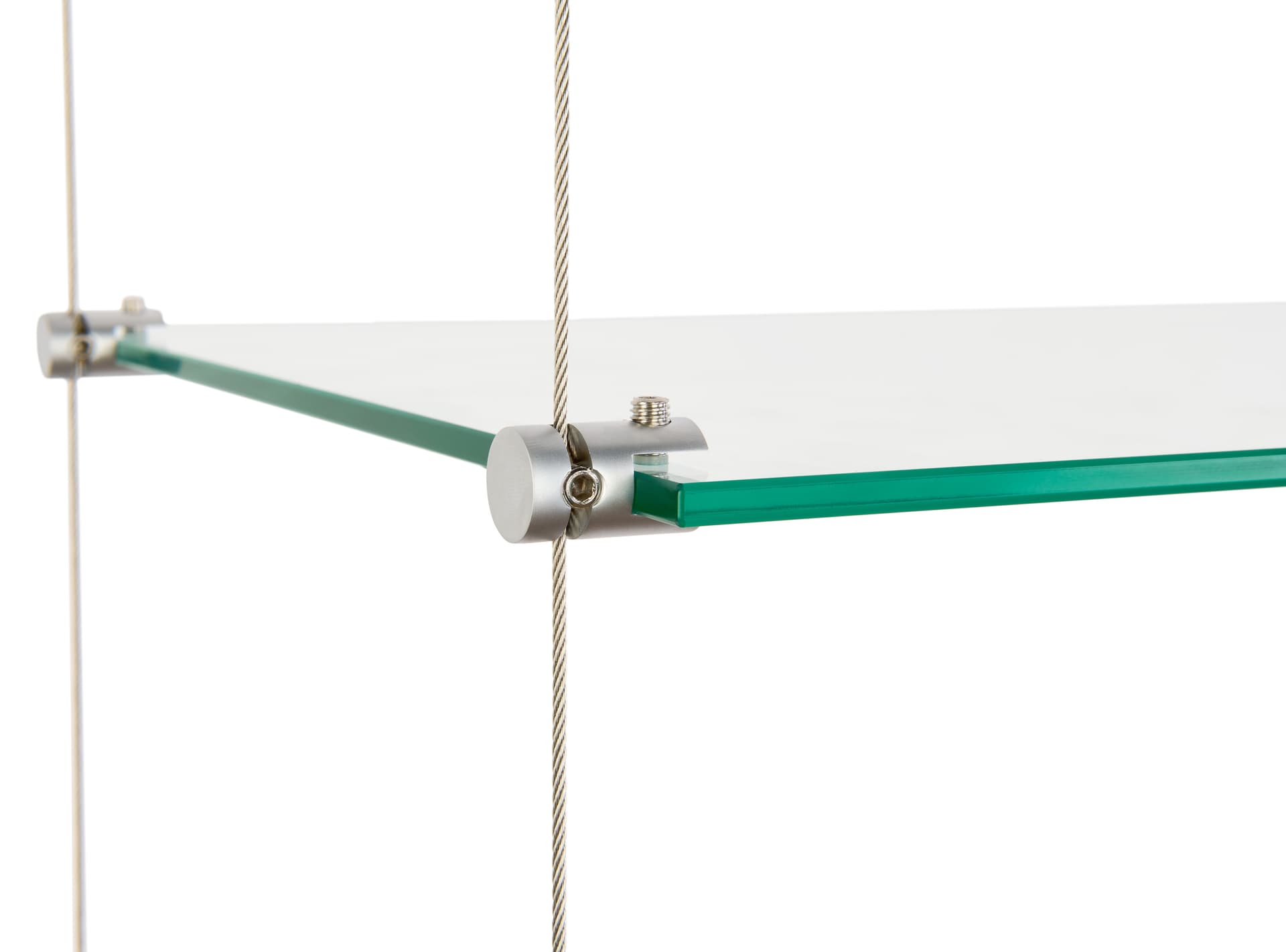 Cable suspended shelves with shelf clamps that securely hold each glass piece