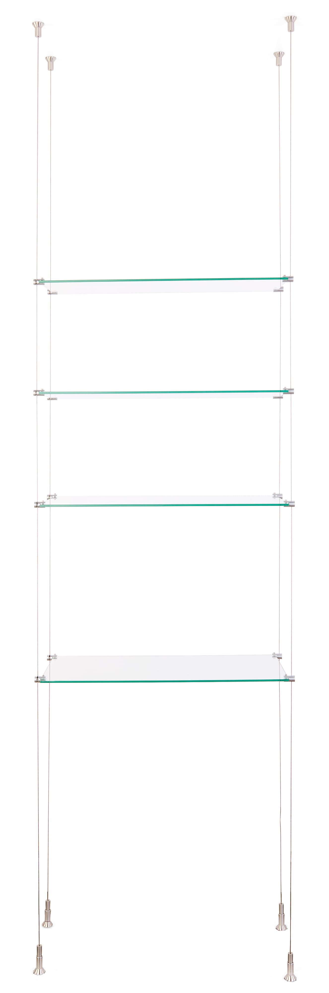 Cable suspended shelves with easy adjustability 