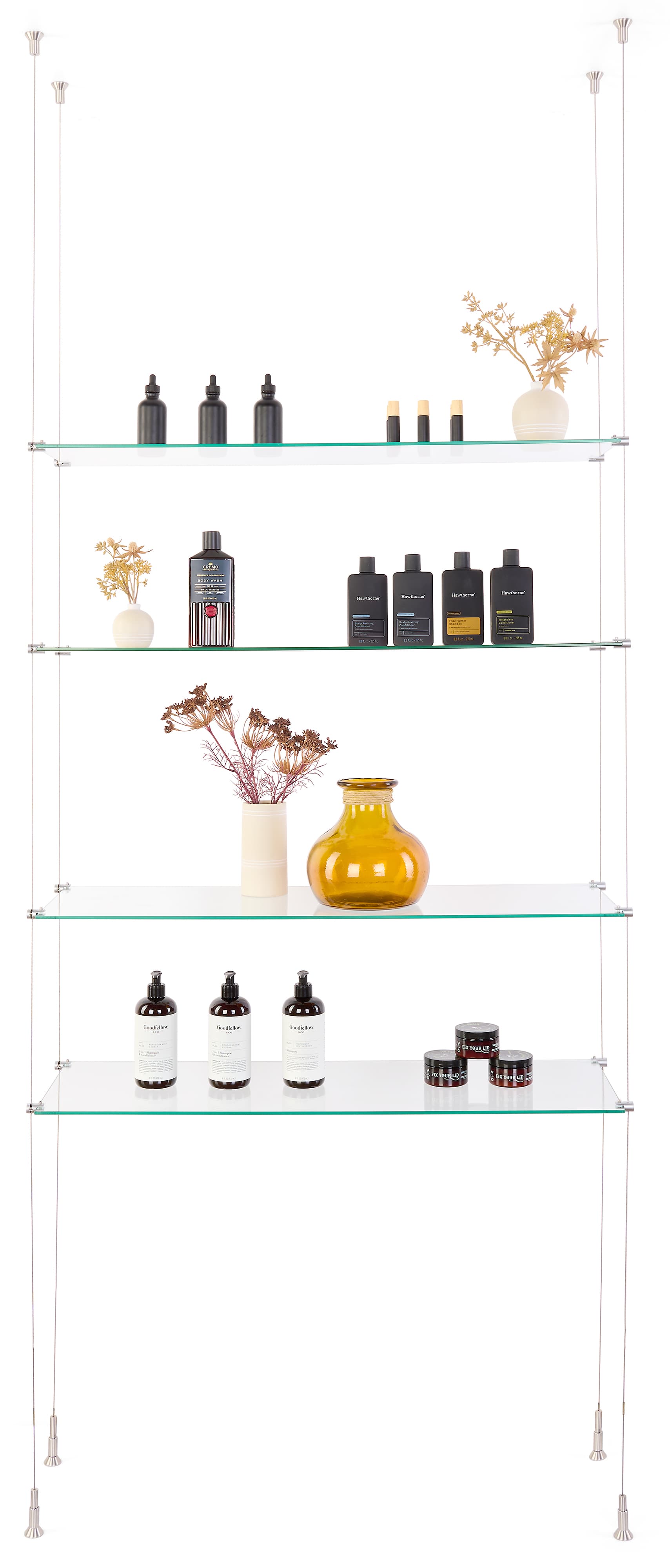 Cable suspended shelves with customizable height adjustment