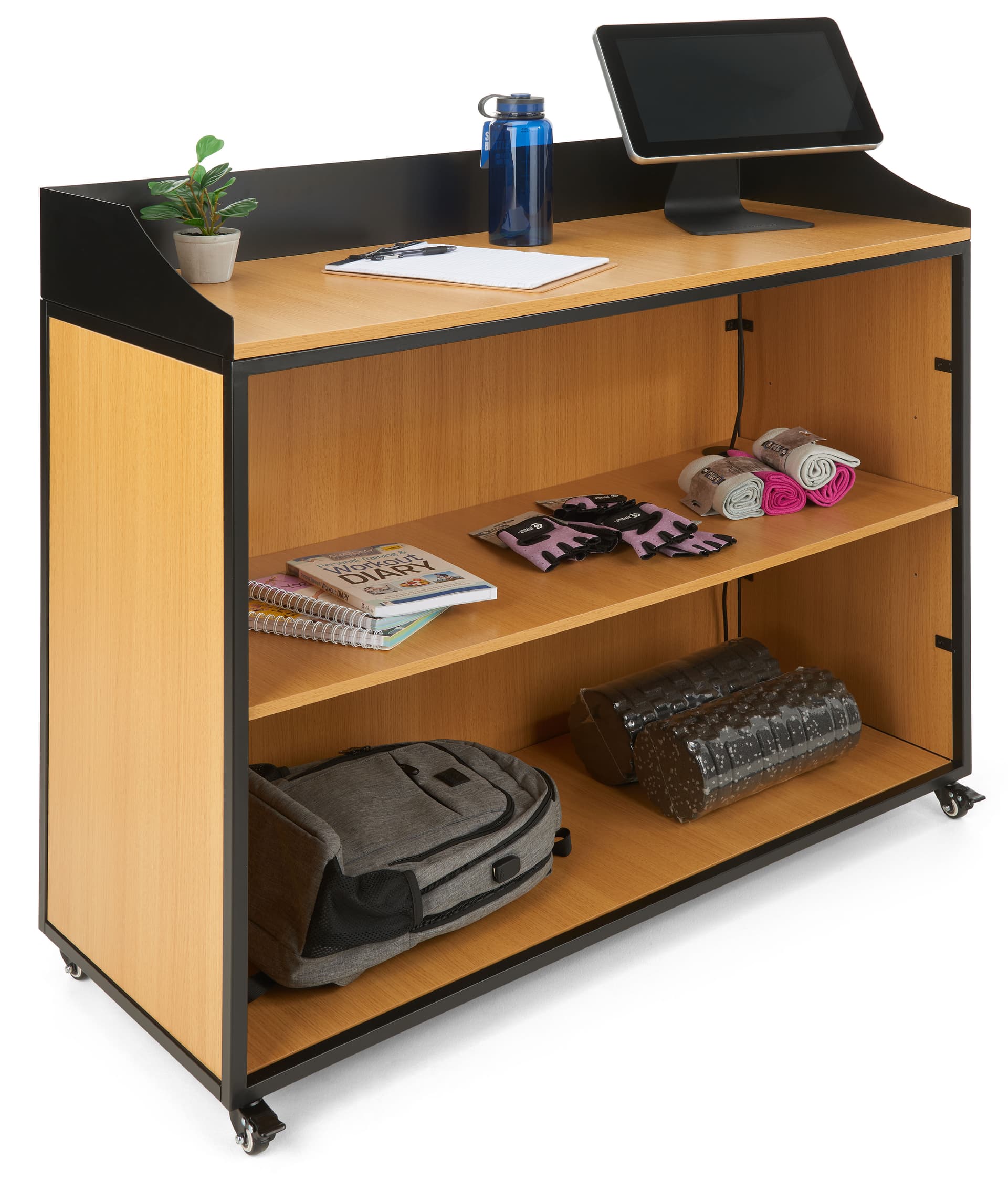 Slatwall cash wrap with ample space for backup merchandise and product