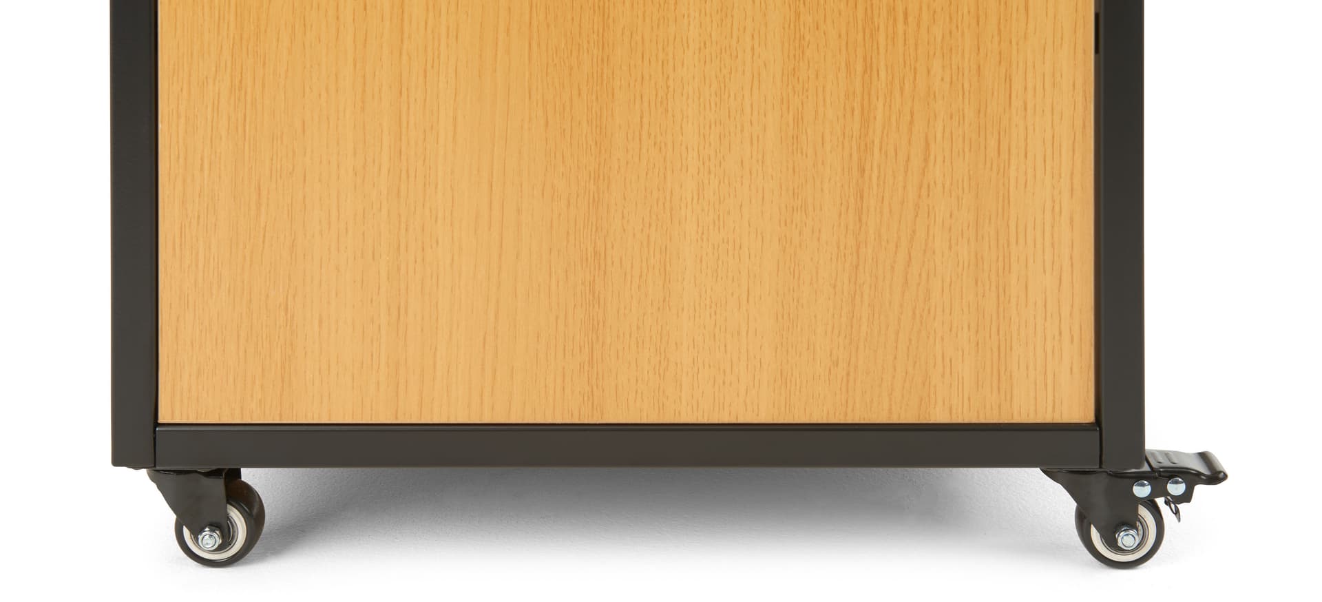 Counter with slatwall front with 2 locking heavy duty wheels