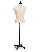 Male sewing bust with wheels and weighted metal base 