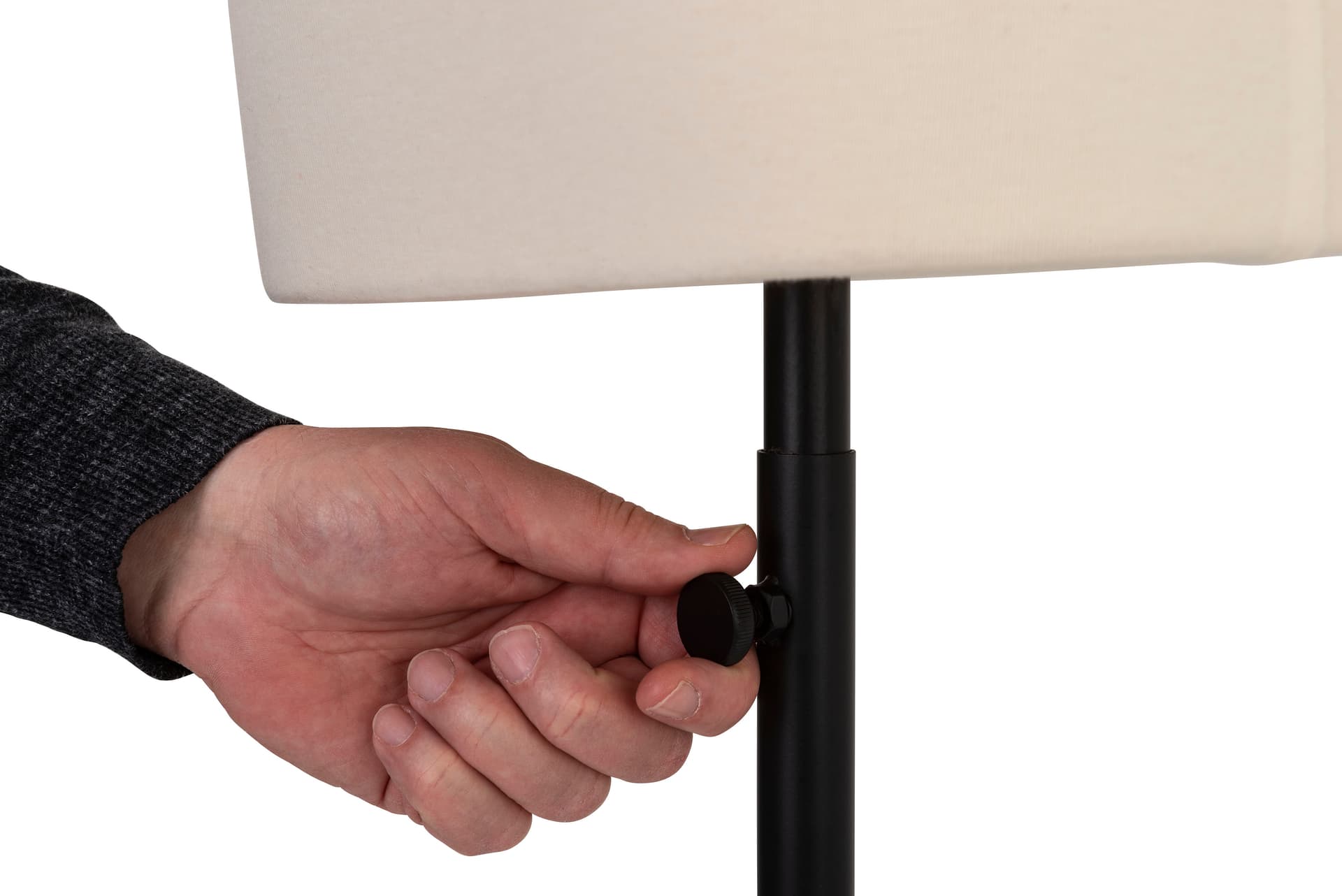 Male sewing bust with wheels and height-adjustable base that ranges from 51 to 90.5 inches