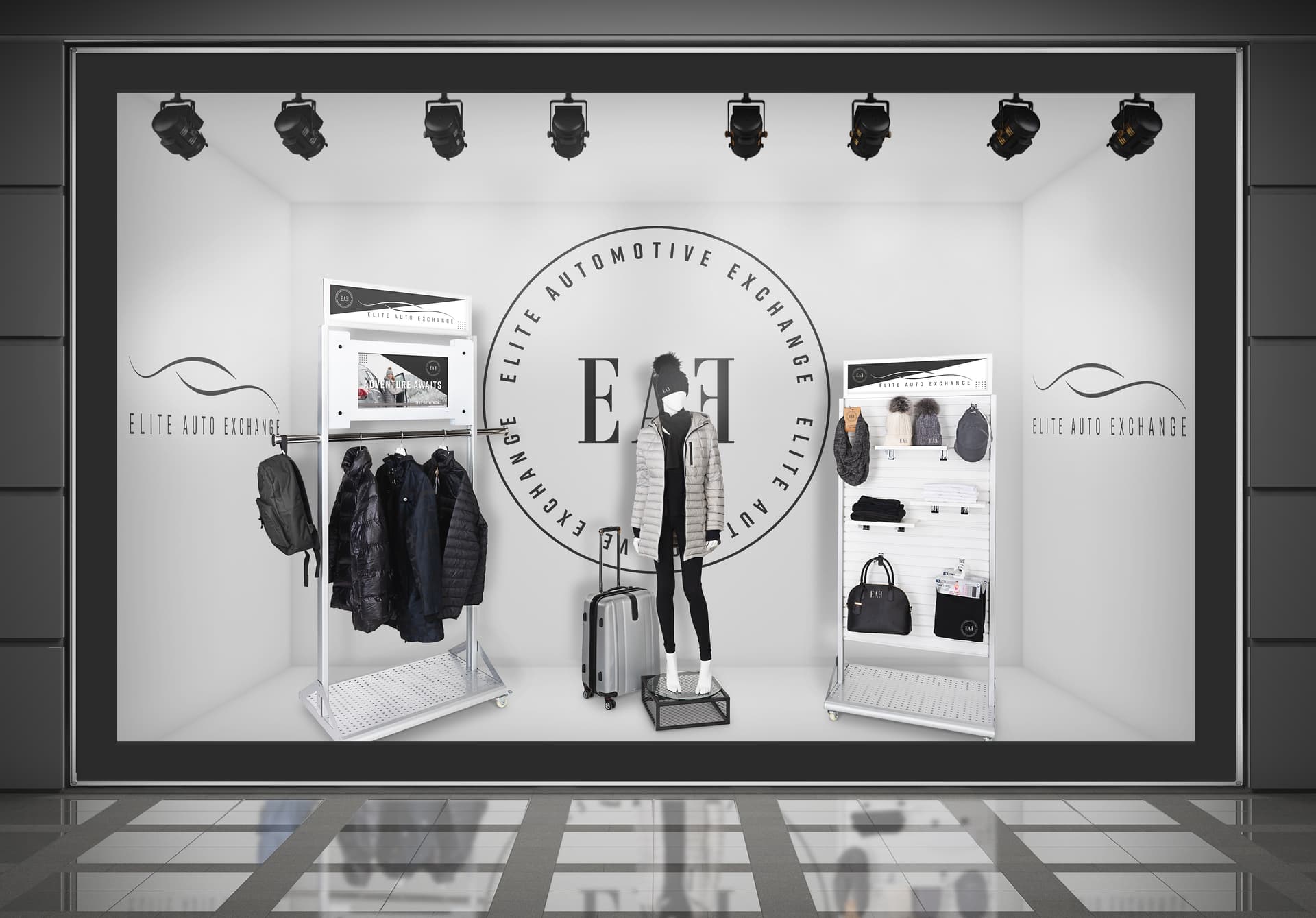 Mobile garment rack with digital sign and mobile slatwall display