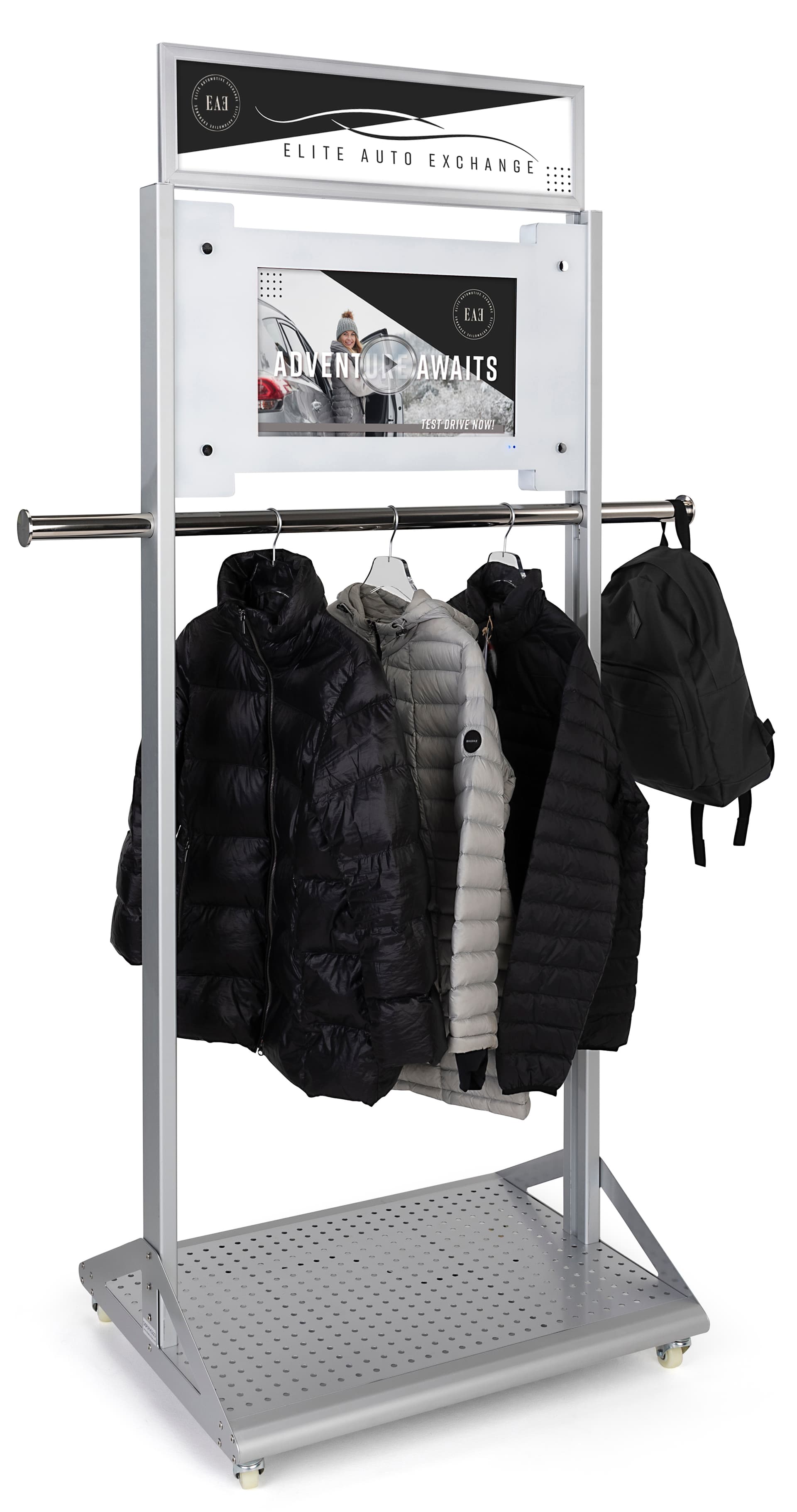 Mobile garment rack with digital sign and multi media capabilities