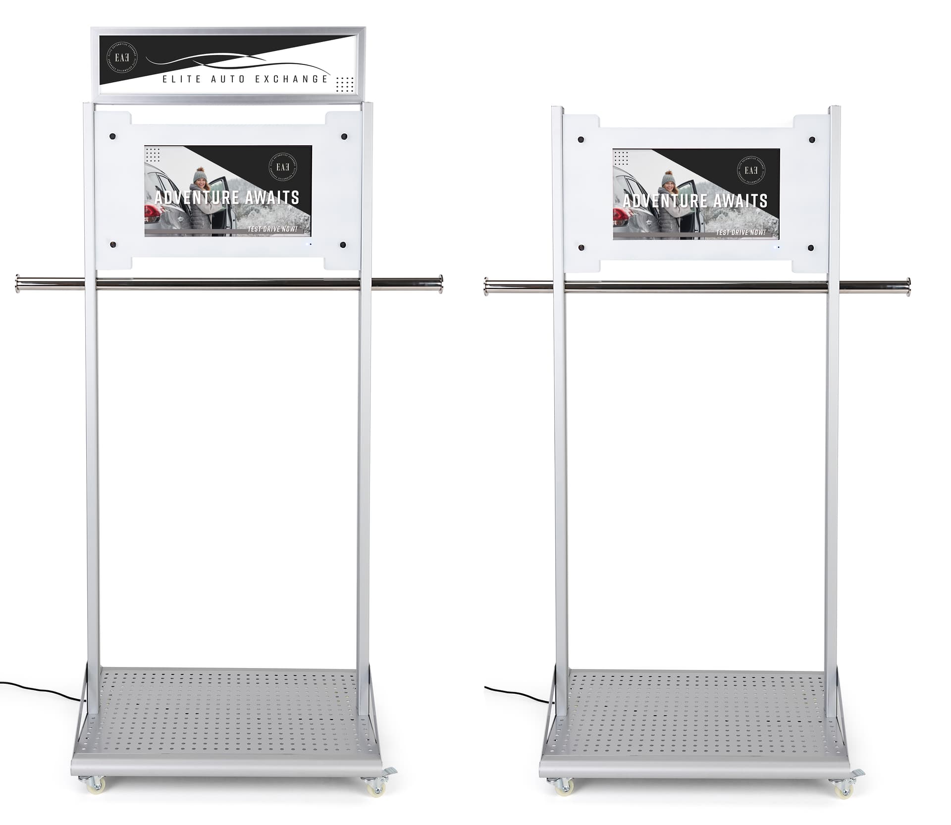 Mobile garment rack with digital sign and optional header graphic frame