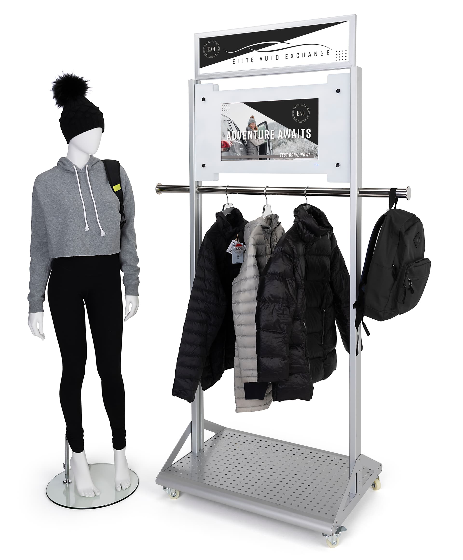 Mobile garment rack with digital sign and overall dimensions of 32.5 inches wide by 86 inches tall