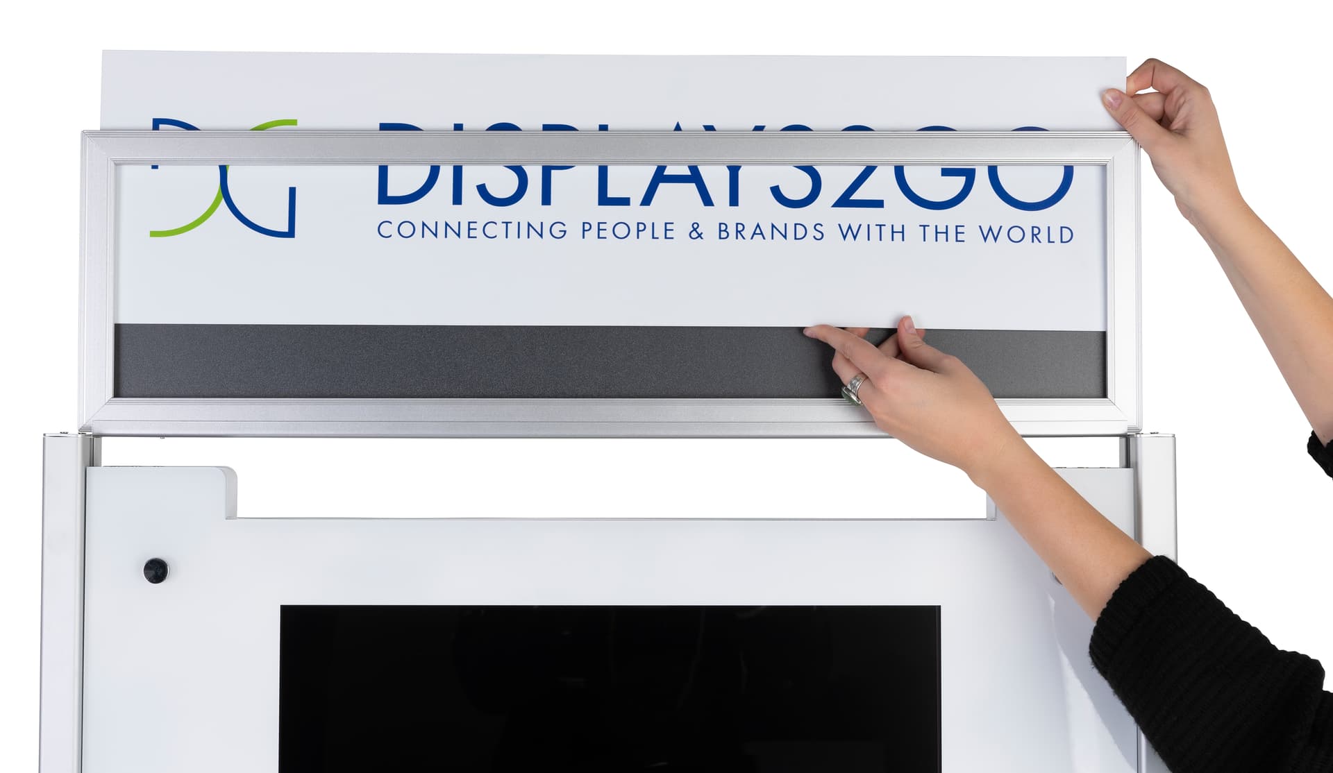 Mobile garment rack with digital sign and top insert graphic