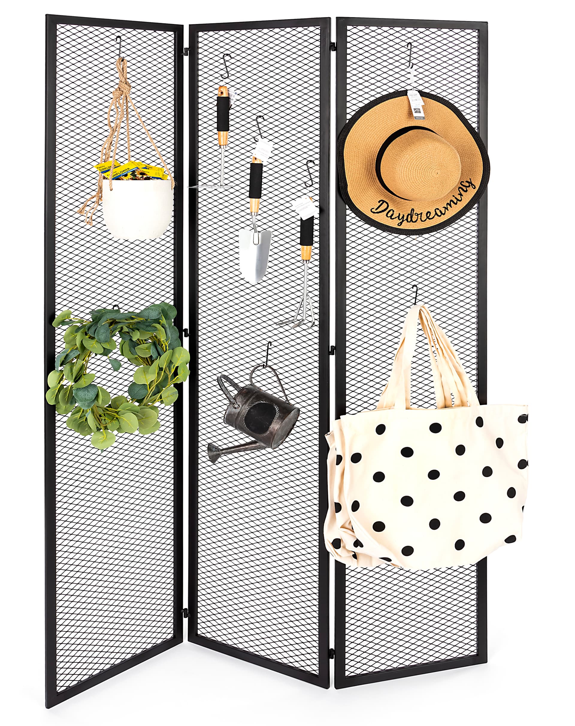 Hinged mesh retail display screen with expandable design