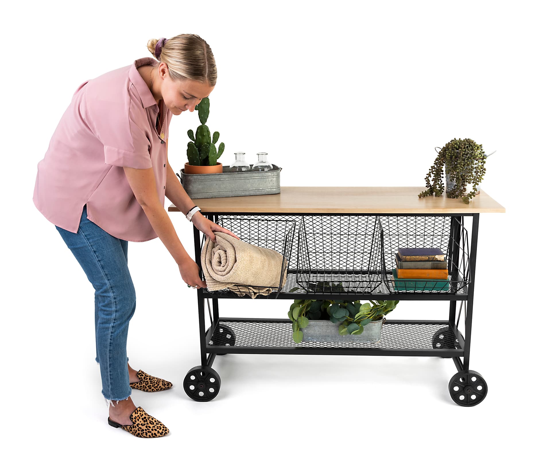 Industrial wood and mesh display console with 47.25" W x 16.5" D x 32" H dimensions