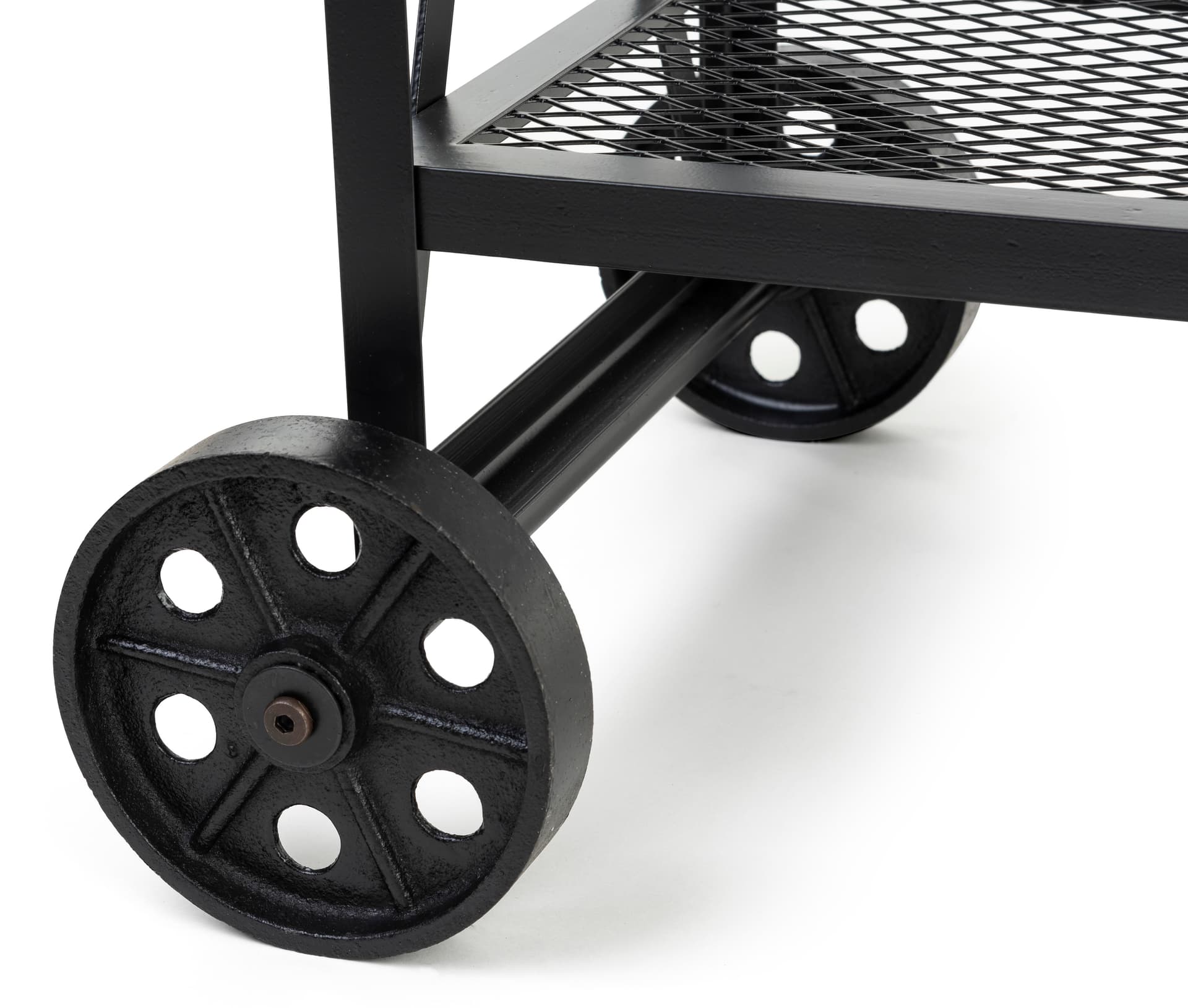 Industrial wood and mesh display console with four durable iron non-locking wheels