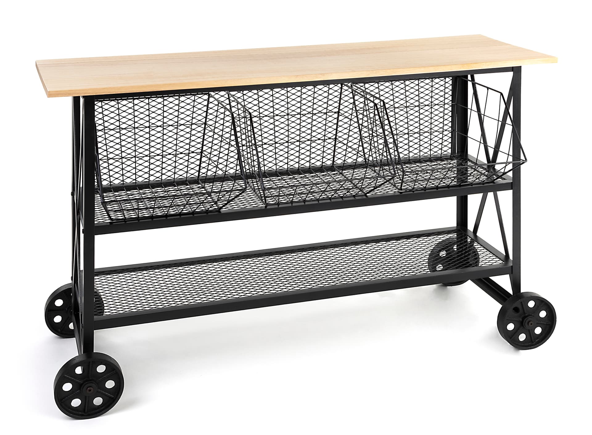 Industrial wood and mesh display console with black powder coated iron