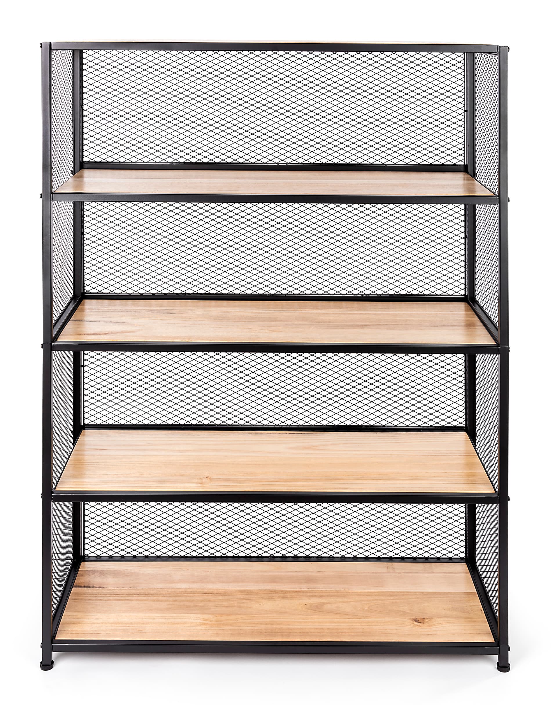 Metal mesh wood bookcase shelving unit with 38.37 inch long by 15.75 wide shelves