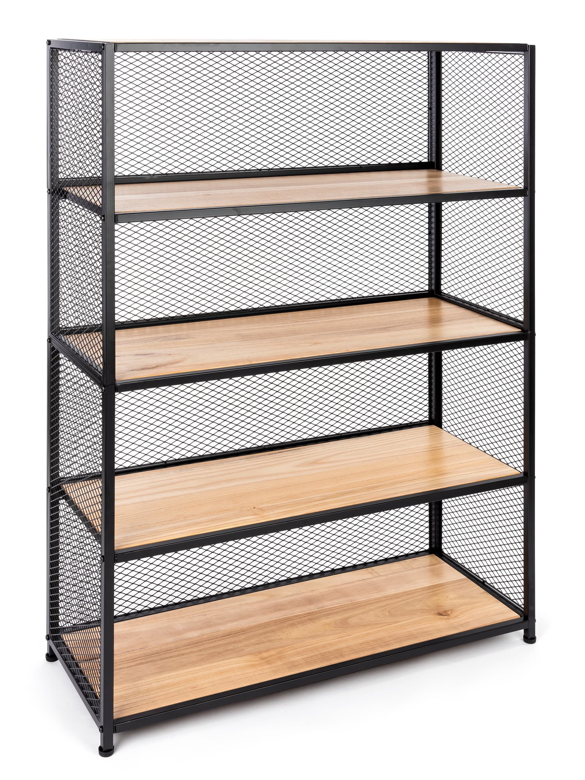 Metal mesh wood bookcase shelving with 5 solid oak shelves