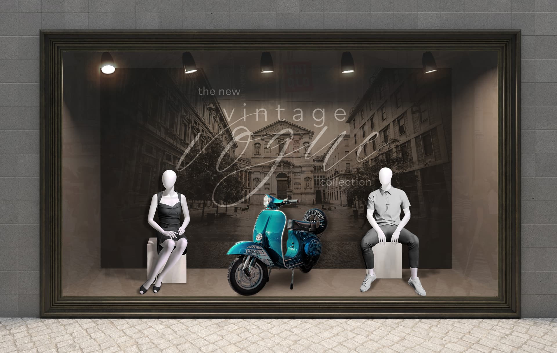 Female full body mannequin in store front window with moped and male mannequin