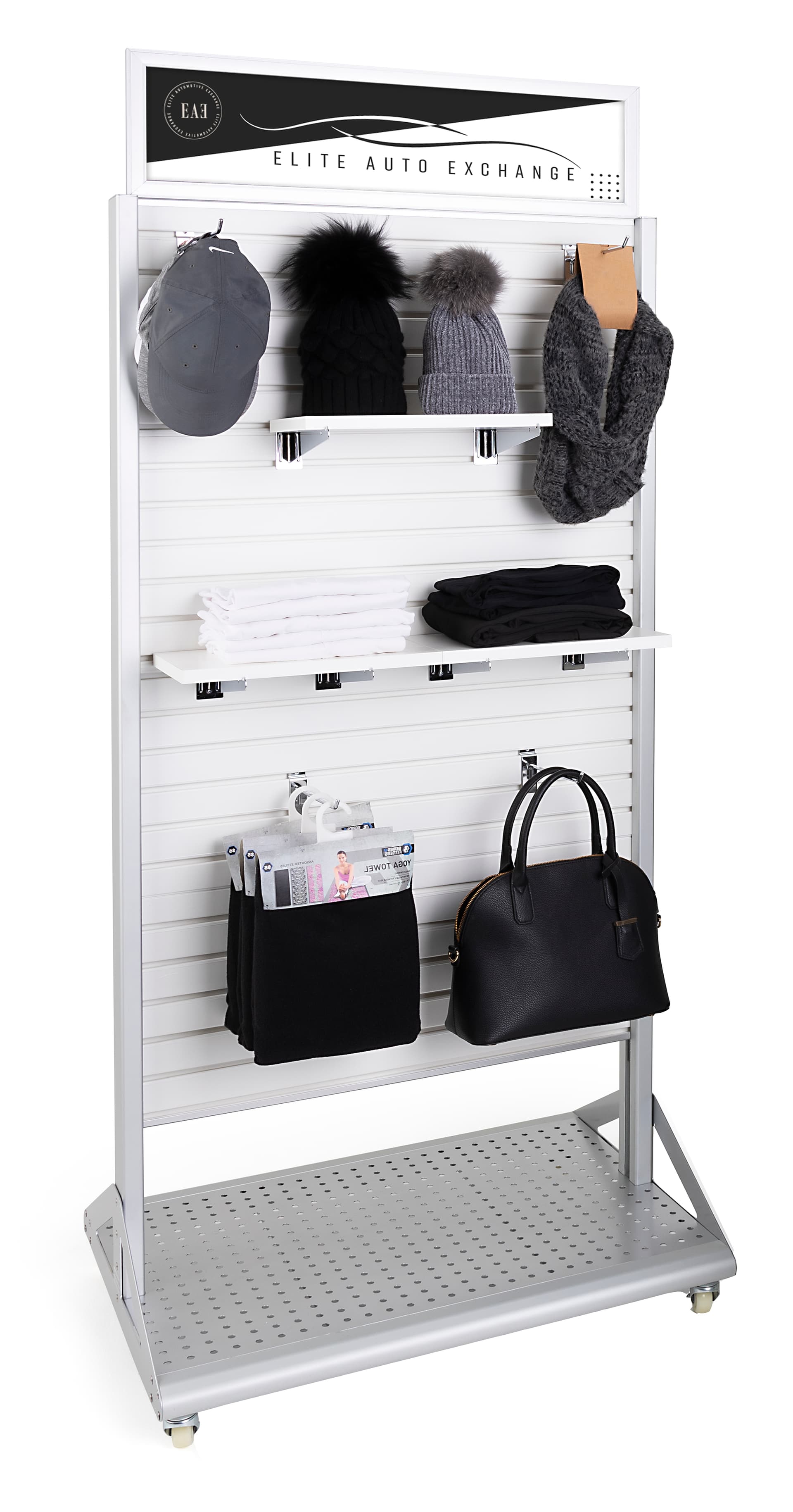 Rolling slatwall stand with sign holder and standard slatted wall accessory compatibility
