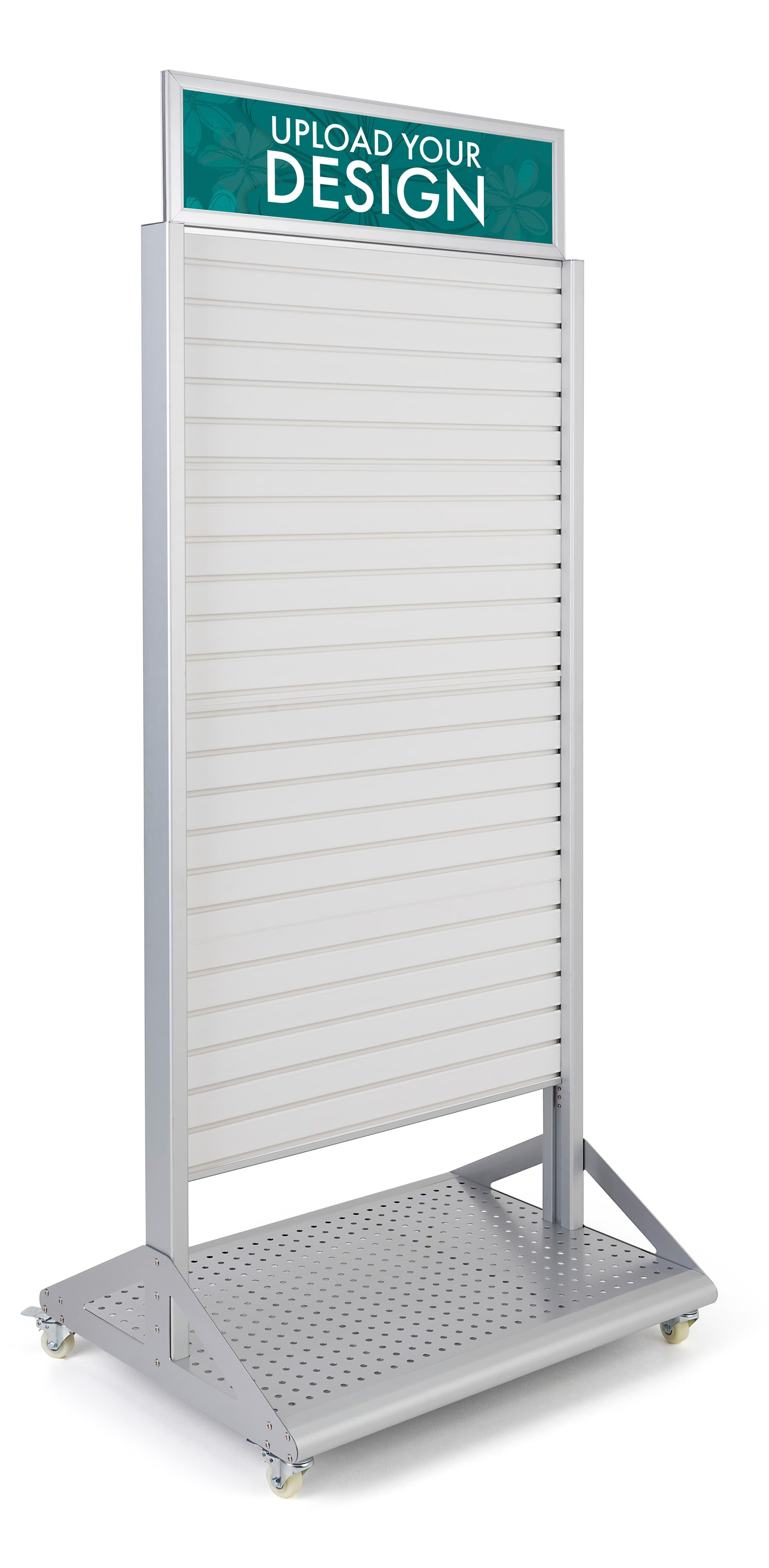 Rolling slatwall stand with sign holder and aluminum and PVC build