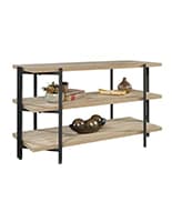Wooden console table with shelves and floor standing placement 