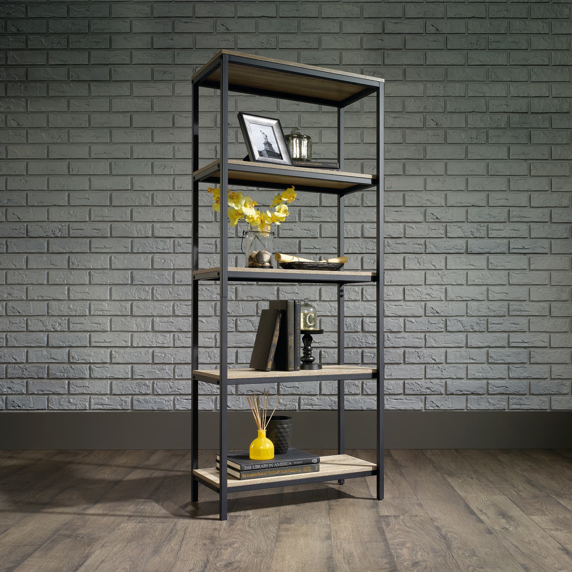 Wooden 5 tier bookshelf with modern industrial design 