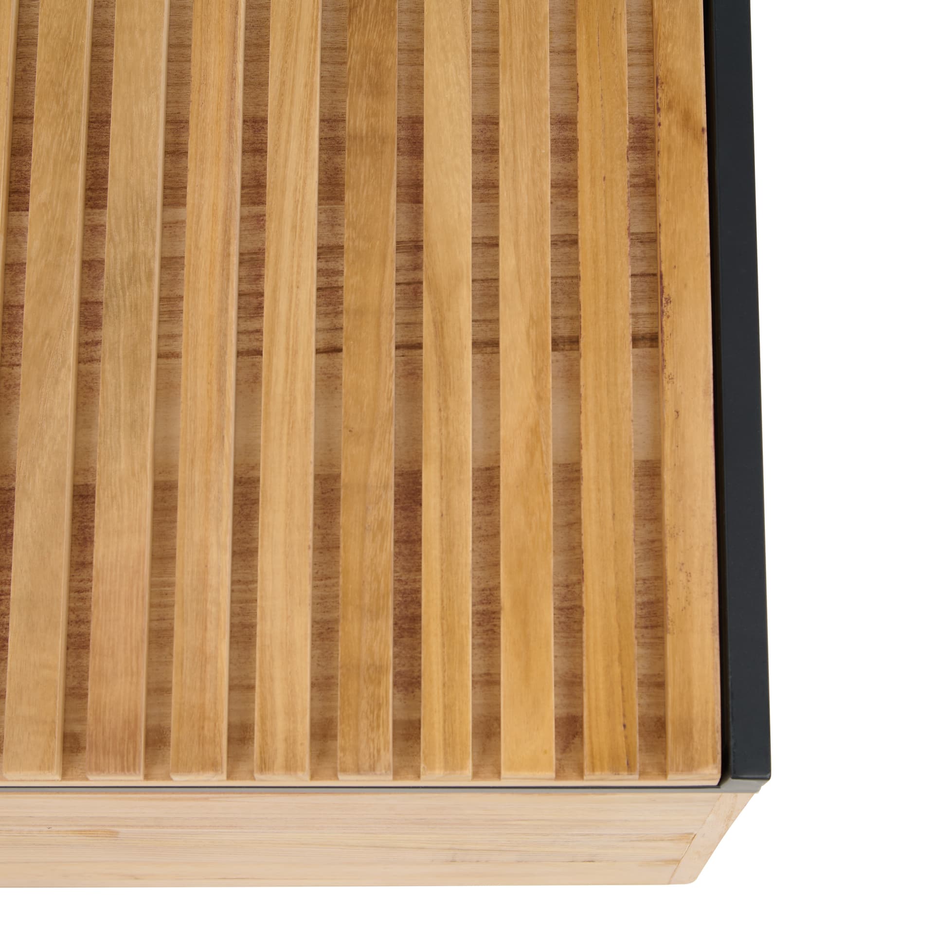Retail display nesting tables and storage bench have slatted wood top	