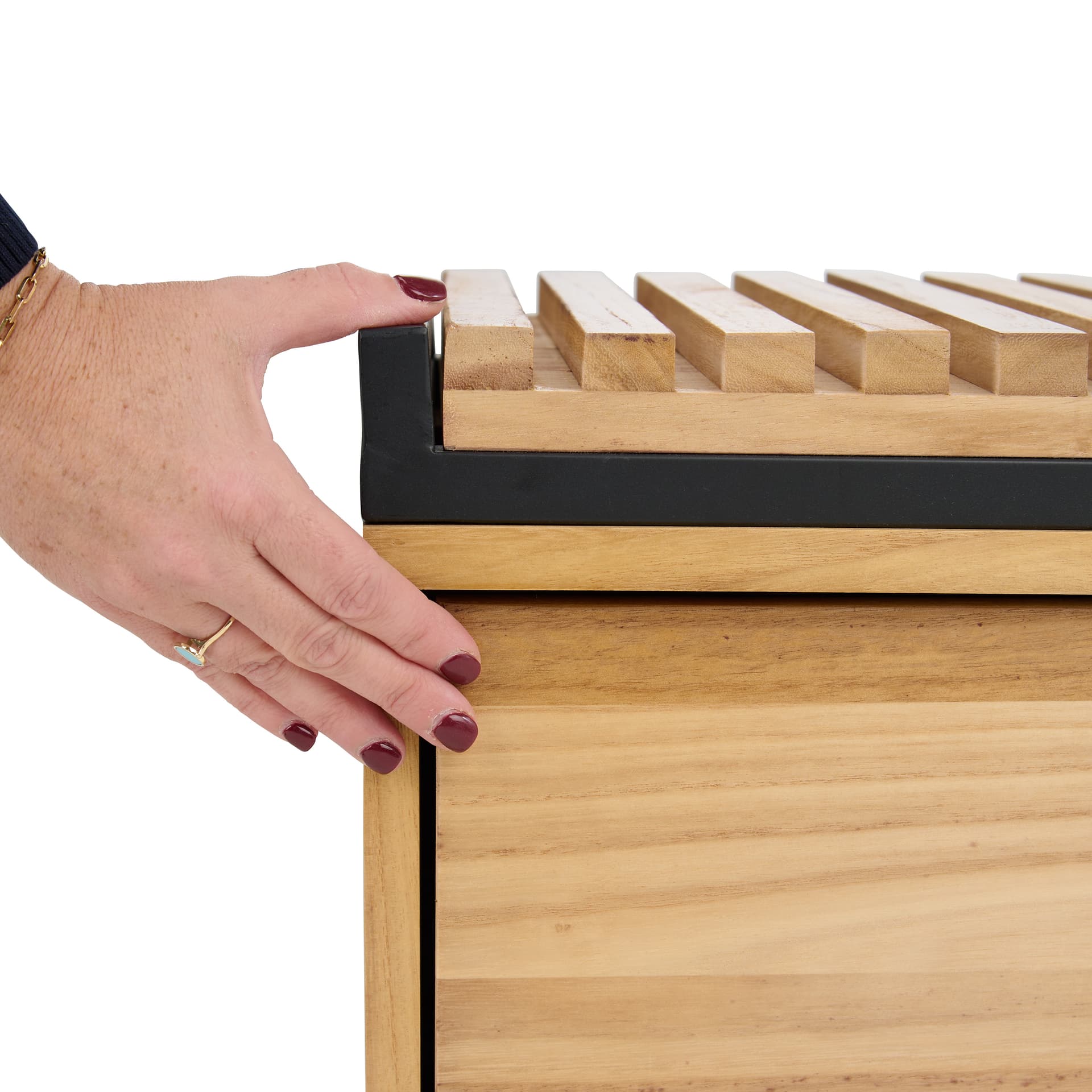 Retail display nesting tables storage bench easily opens and closes with a simple push