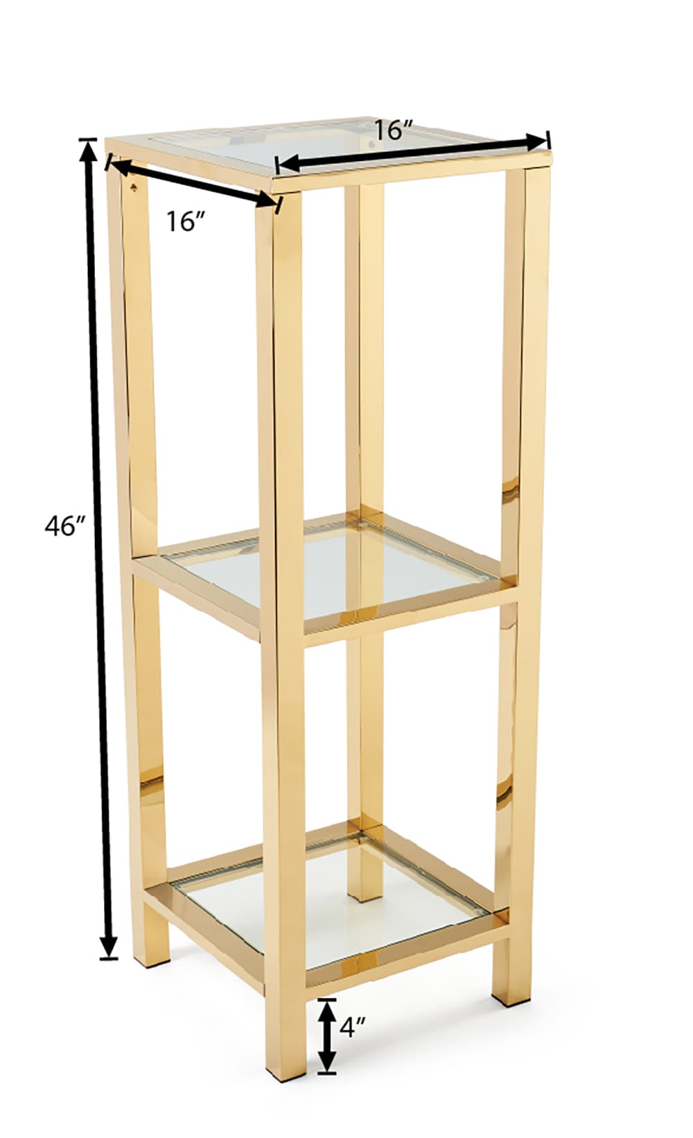 Narrow etagere with glass shelves durable steel and tempered glass build