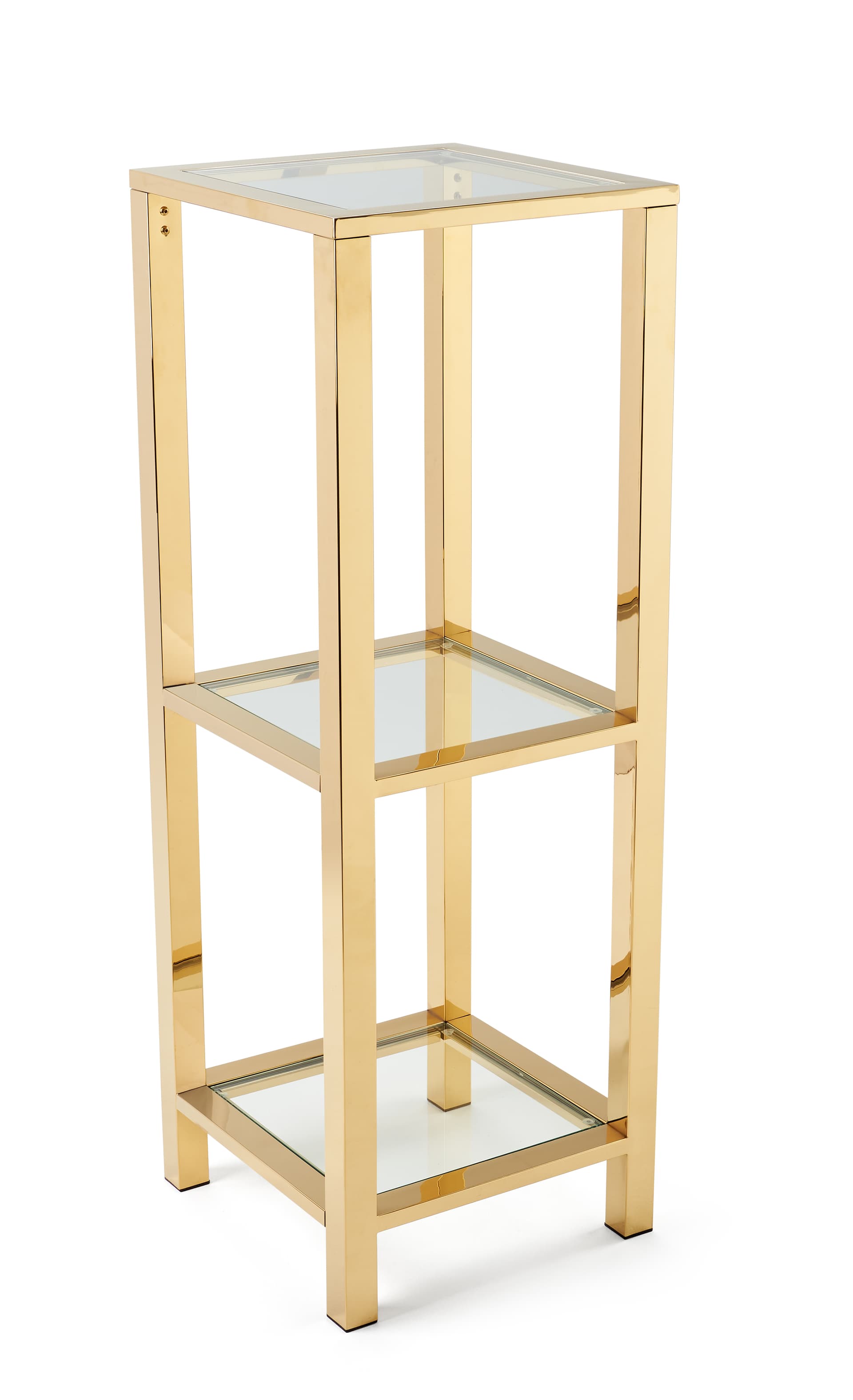 Narrow etagere with glass shelves that are 16 inches by 16 inches each