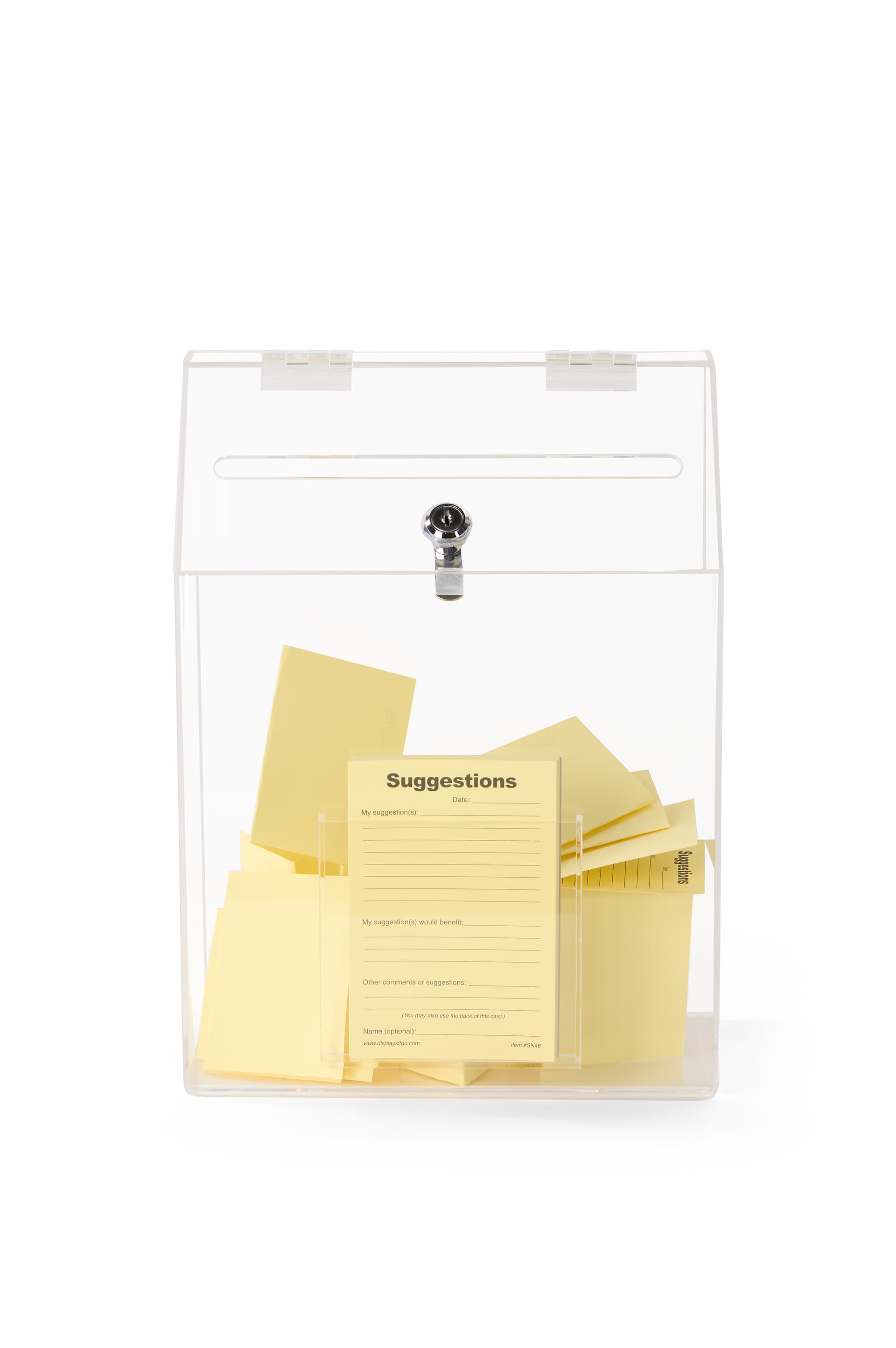 Clear acrylic suggestion box with single from pocket