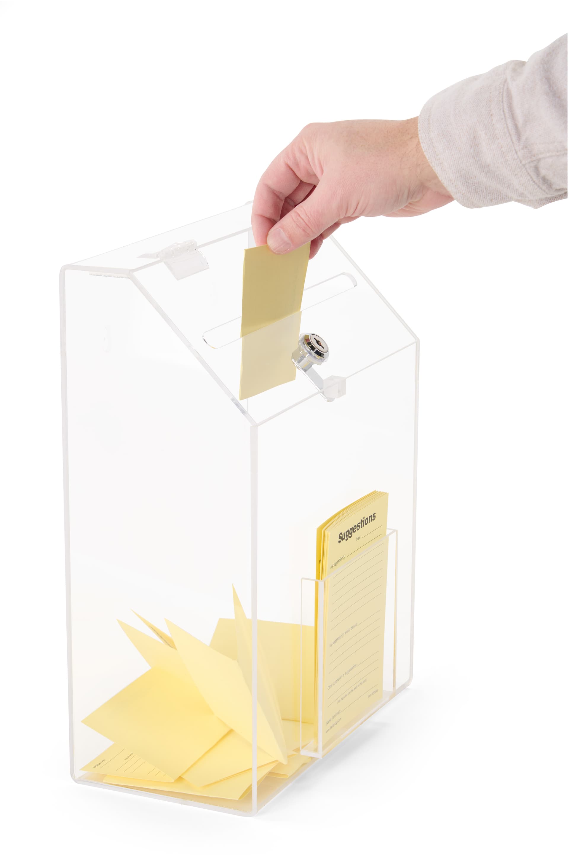 Clear acrylic suggestion box with top deposit slot