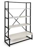 Folding multi-tier retail shelving with iron ladder shelf construction 