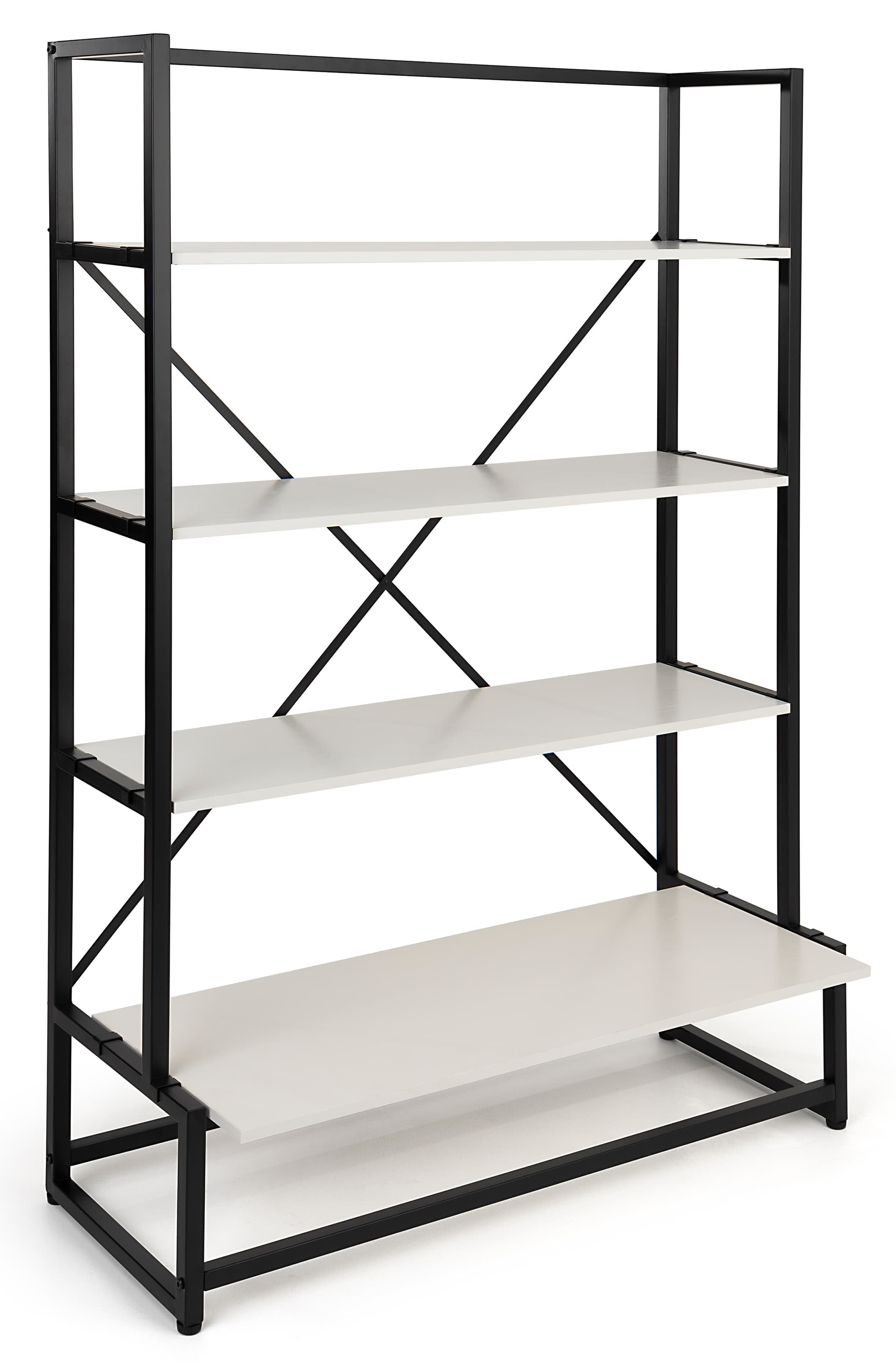 Folding multi-tier retail shelving with white laminated paulownia wood shelves 