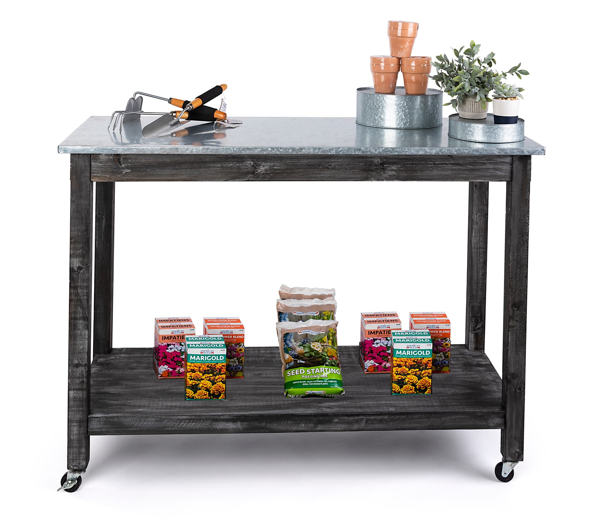 Mobile rustic utility cart with overall weight capacity of 60 pounds
