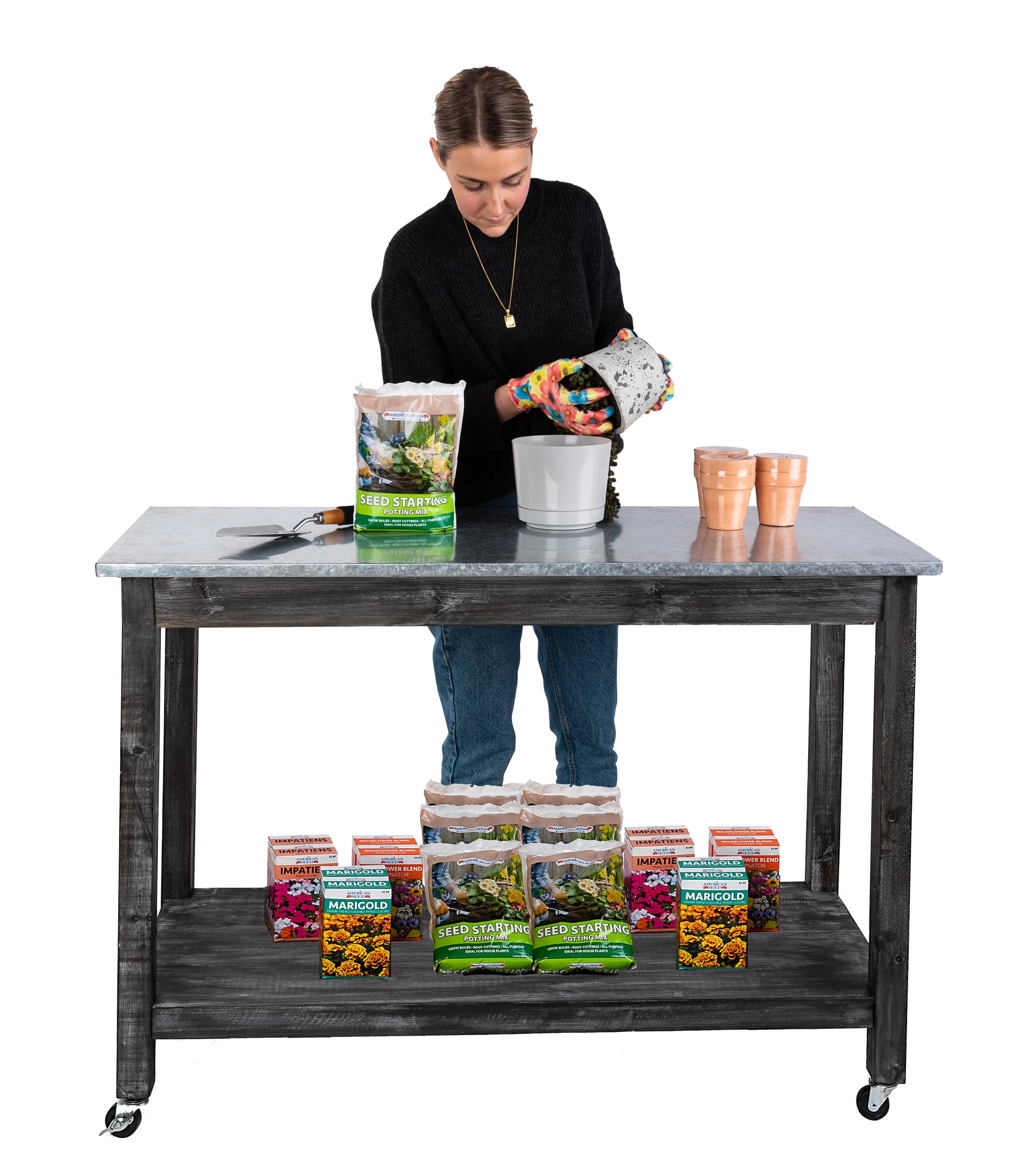 Mobile rustic utility cart with overall height of 37 inches