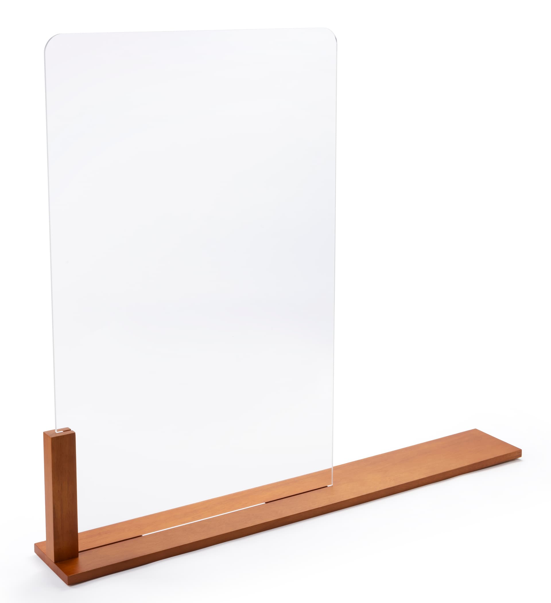 Wood framed vertical hygiene barrier with 20 inch wide by 31 inch tall acrylic panel 