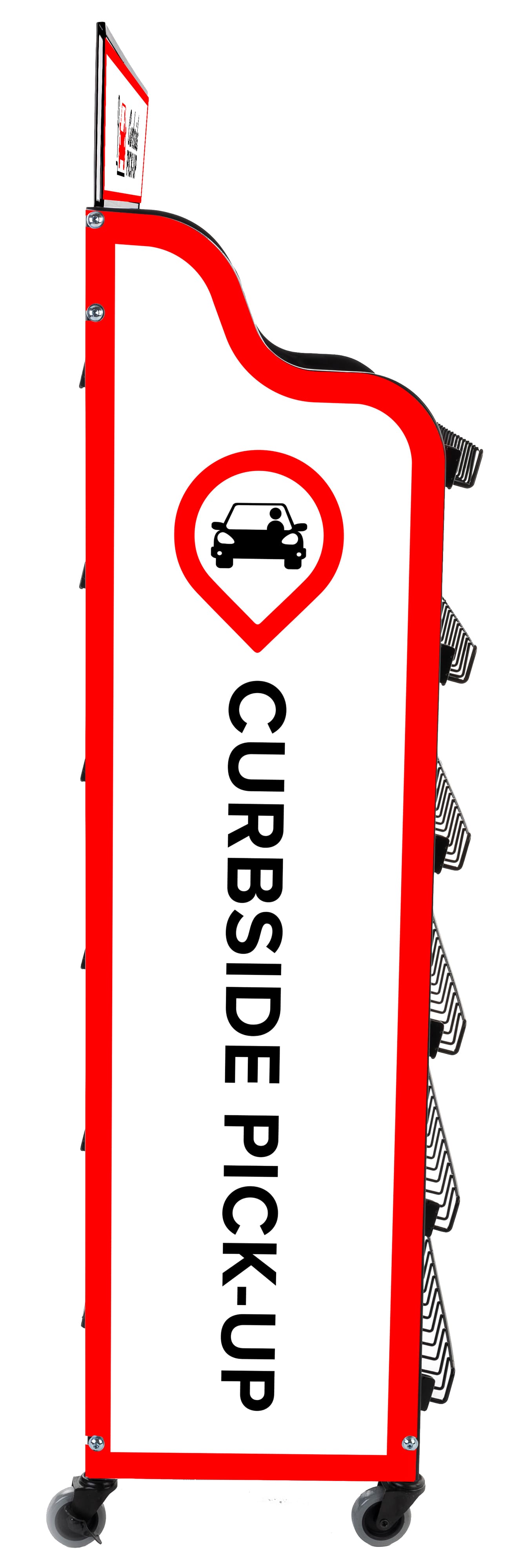 Curbside pickup wire shelf with single-sided graphic panels 