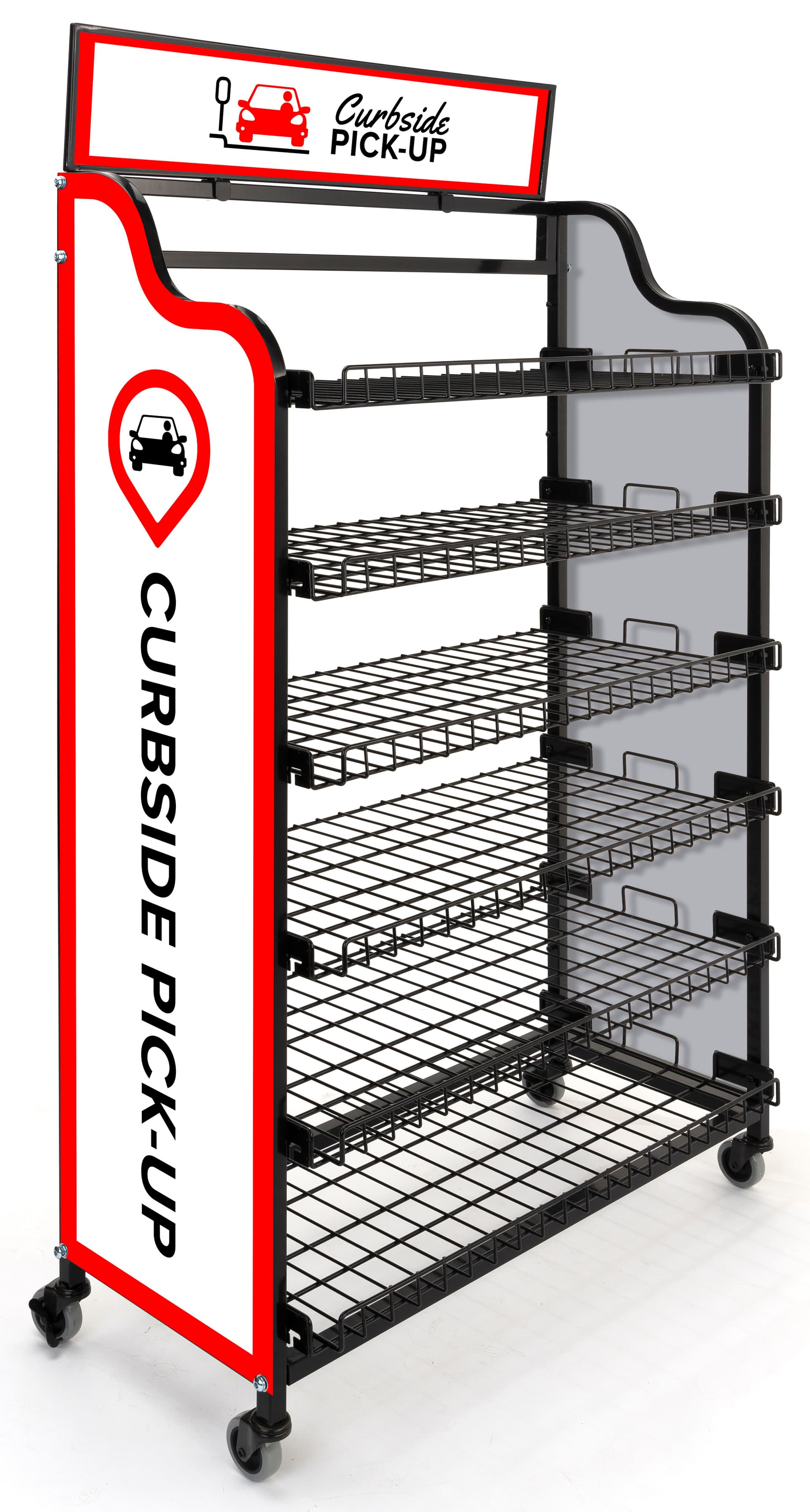 Curbside pickup wire shelf with flat leveled shelves