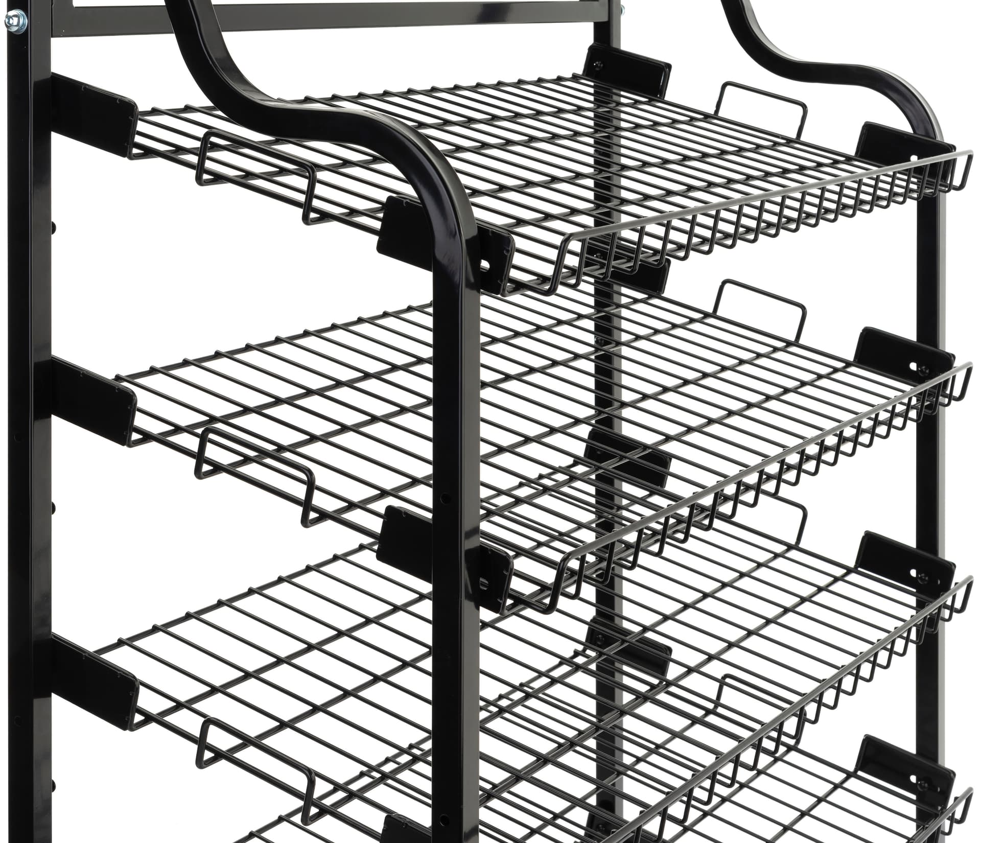 Mobile order pickup stand features six slanted shelves 