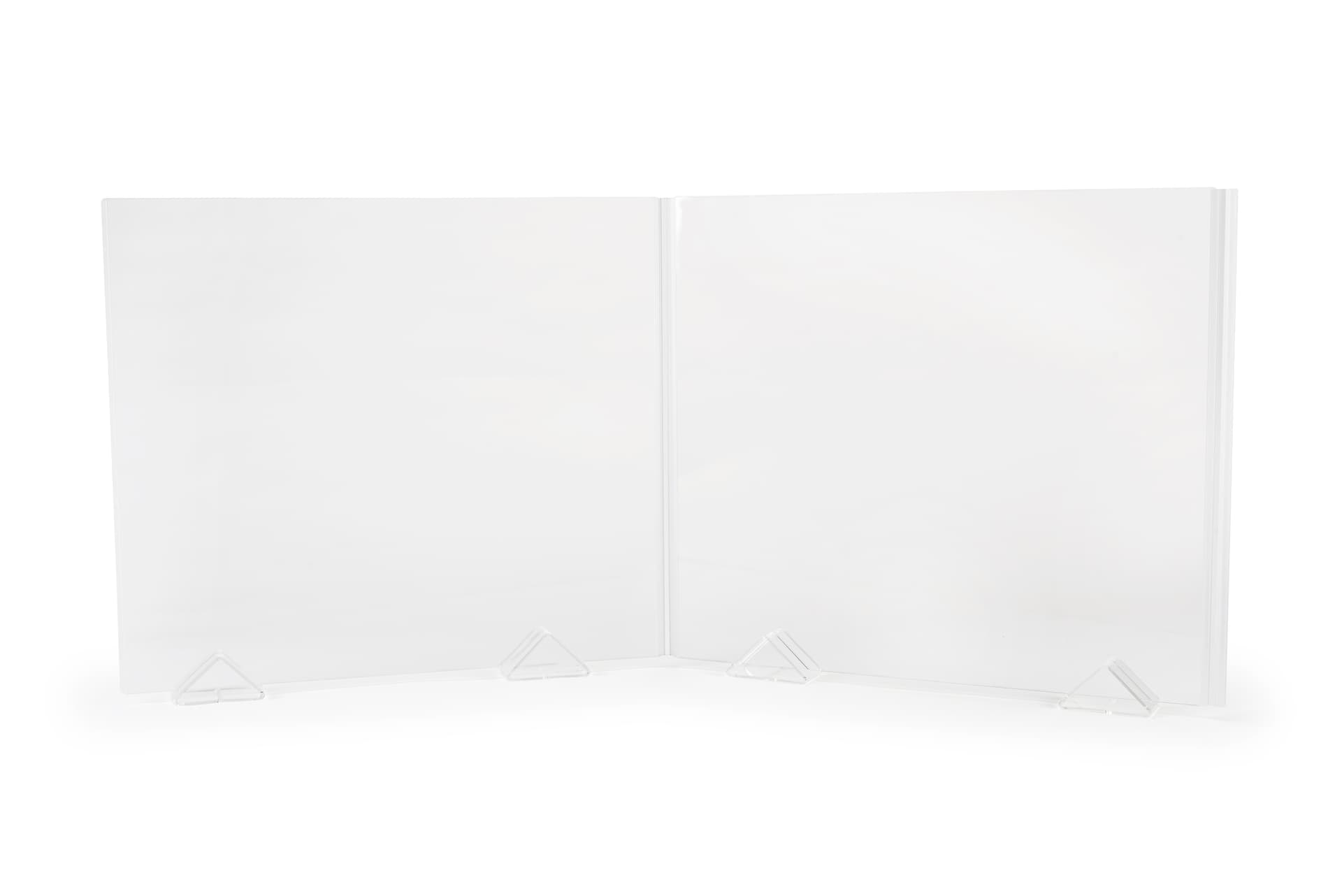 Expandable acrylic sneeze shield kit with 28 inch tall and 32 inch wide panels 