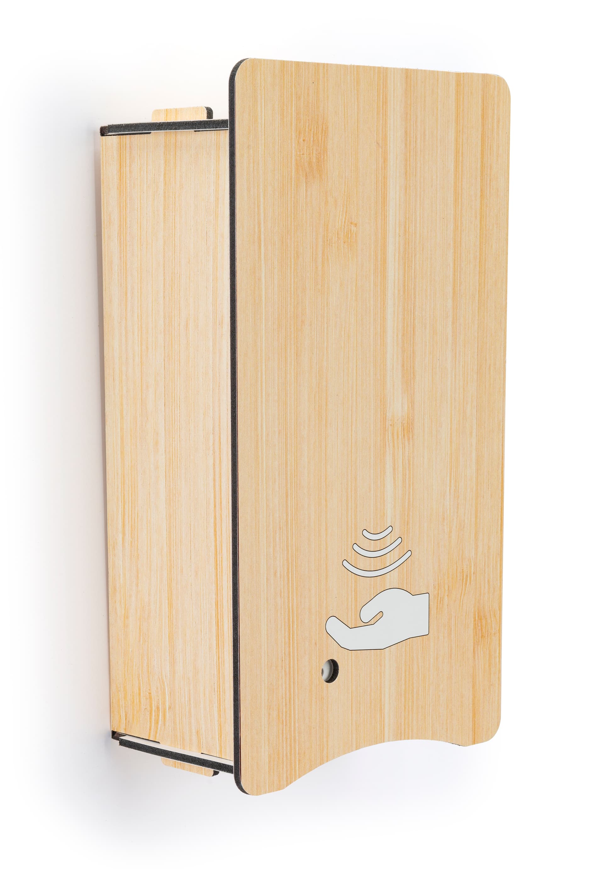 Wall mount sanitizer with dispenser cover with light faux-wood finish