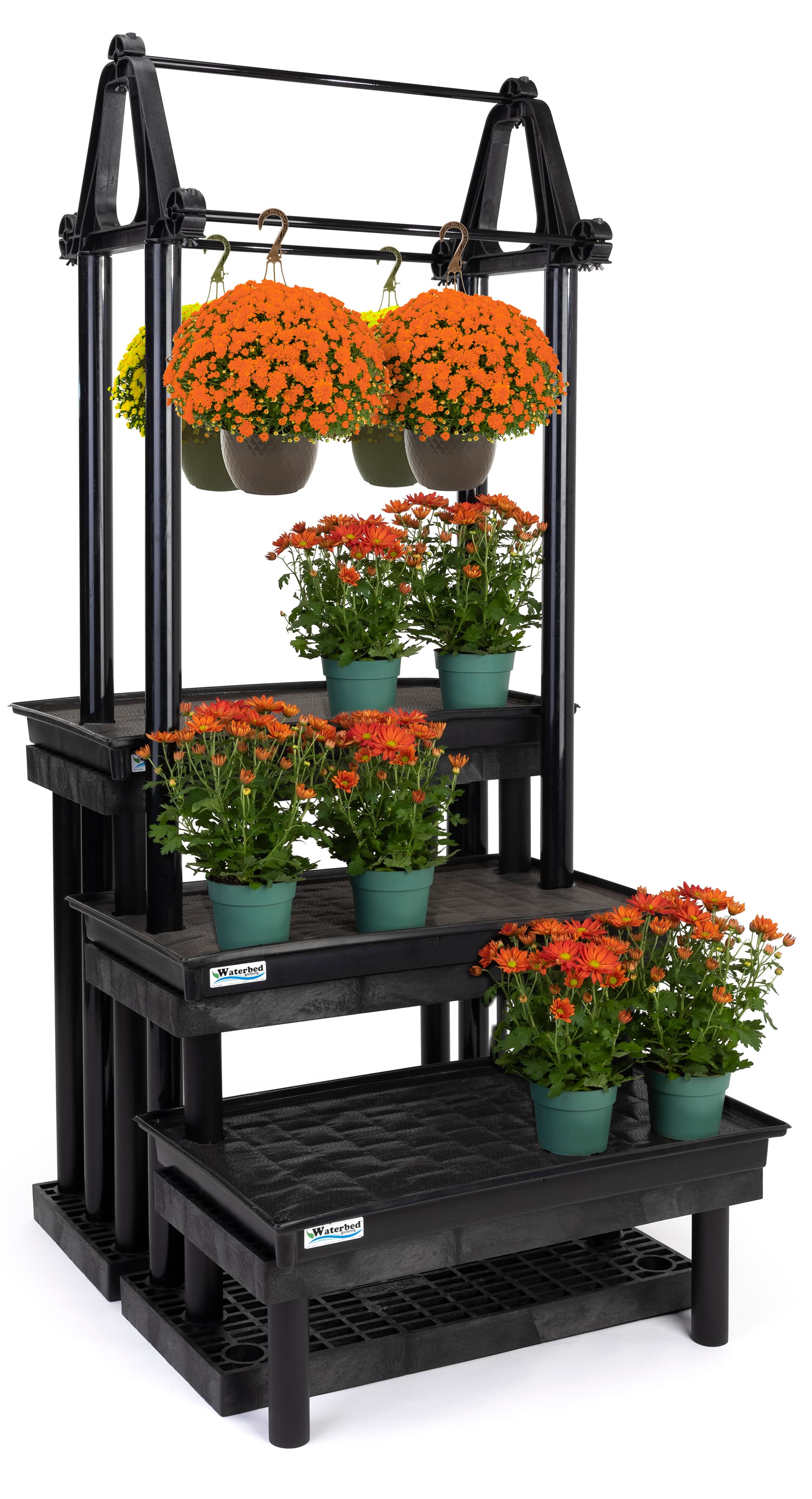 Garden center hanging display stand with removable watering trays and legs 