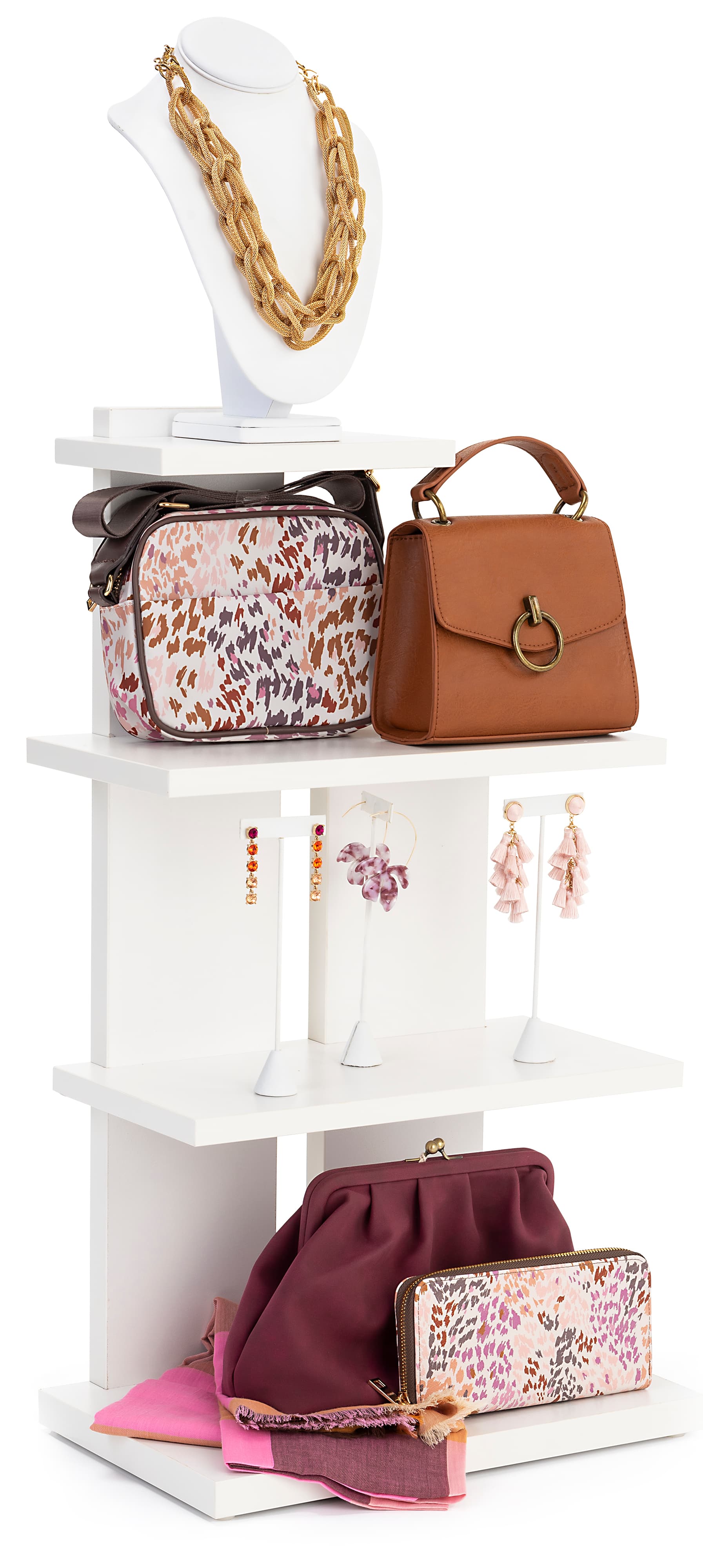 Tiered retail shelving display with matte laminated finish 