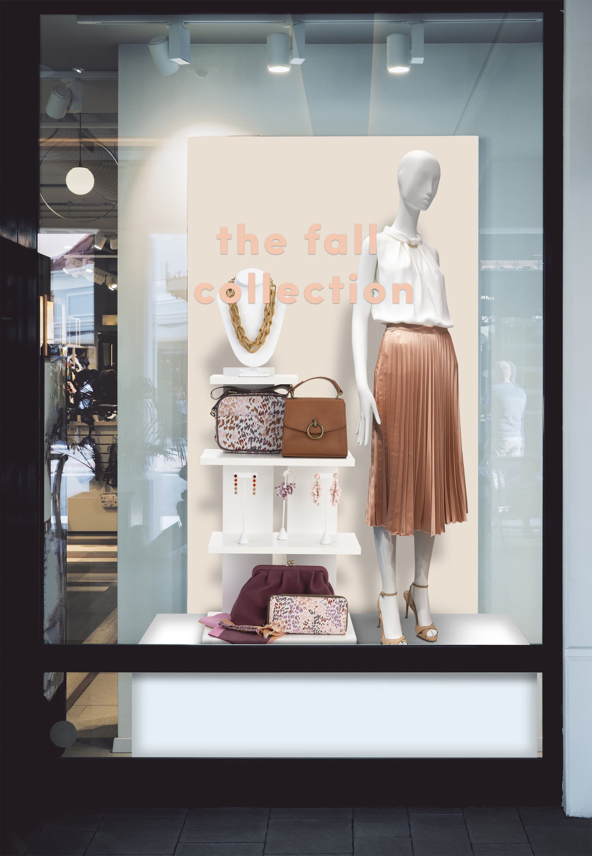 Tiered retail shelving display with white matte finish 