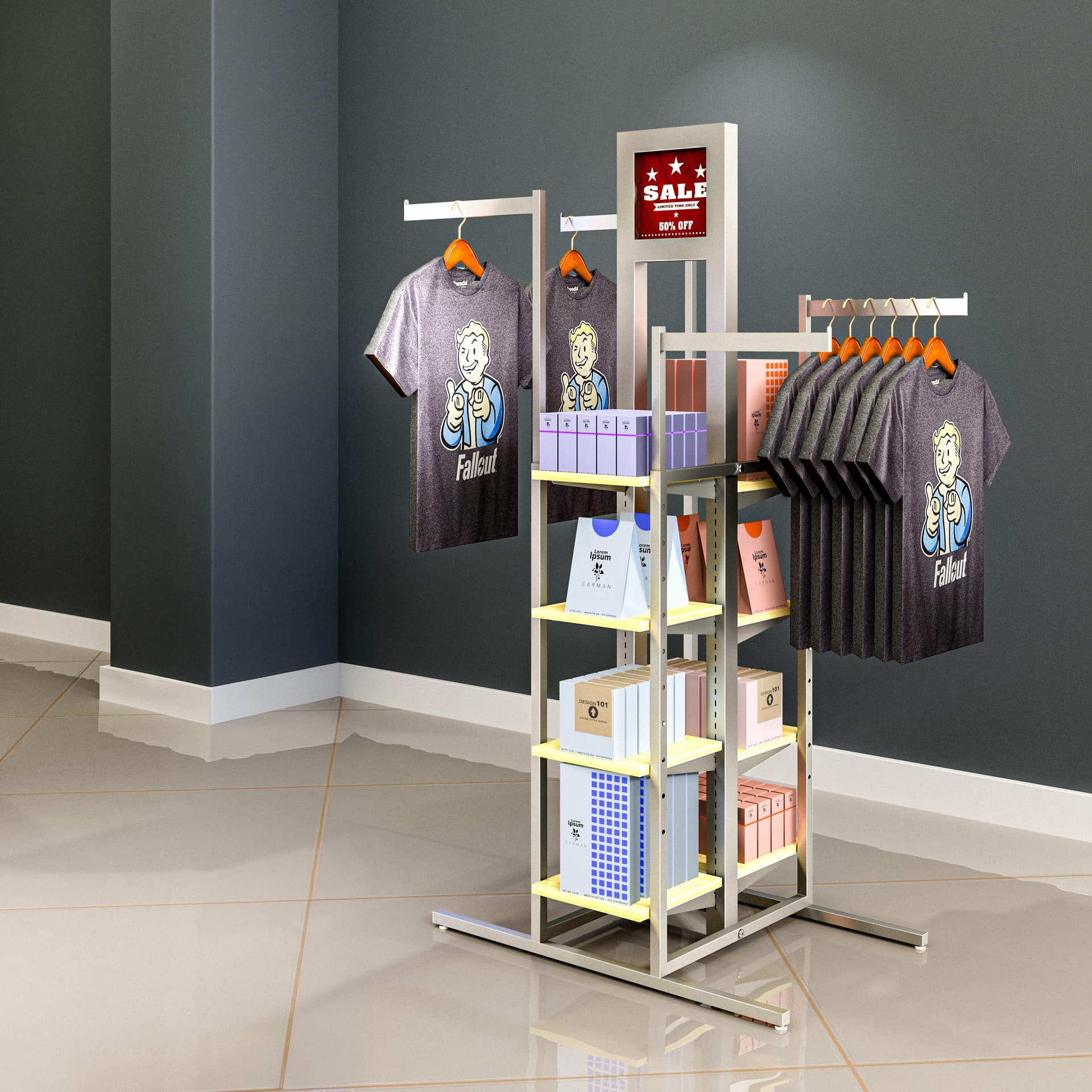 4-Way cross merchandising display in retail setting