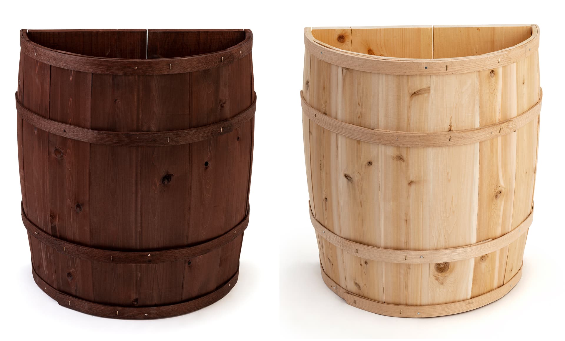 Split half barrel display in natural or dark brown