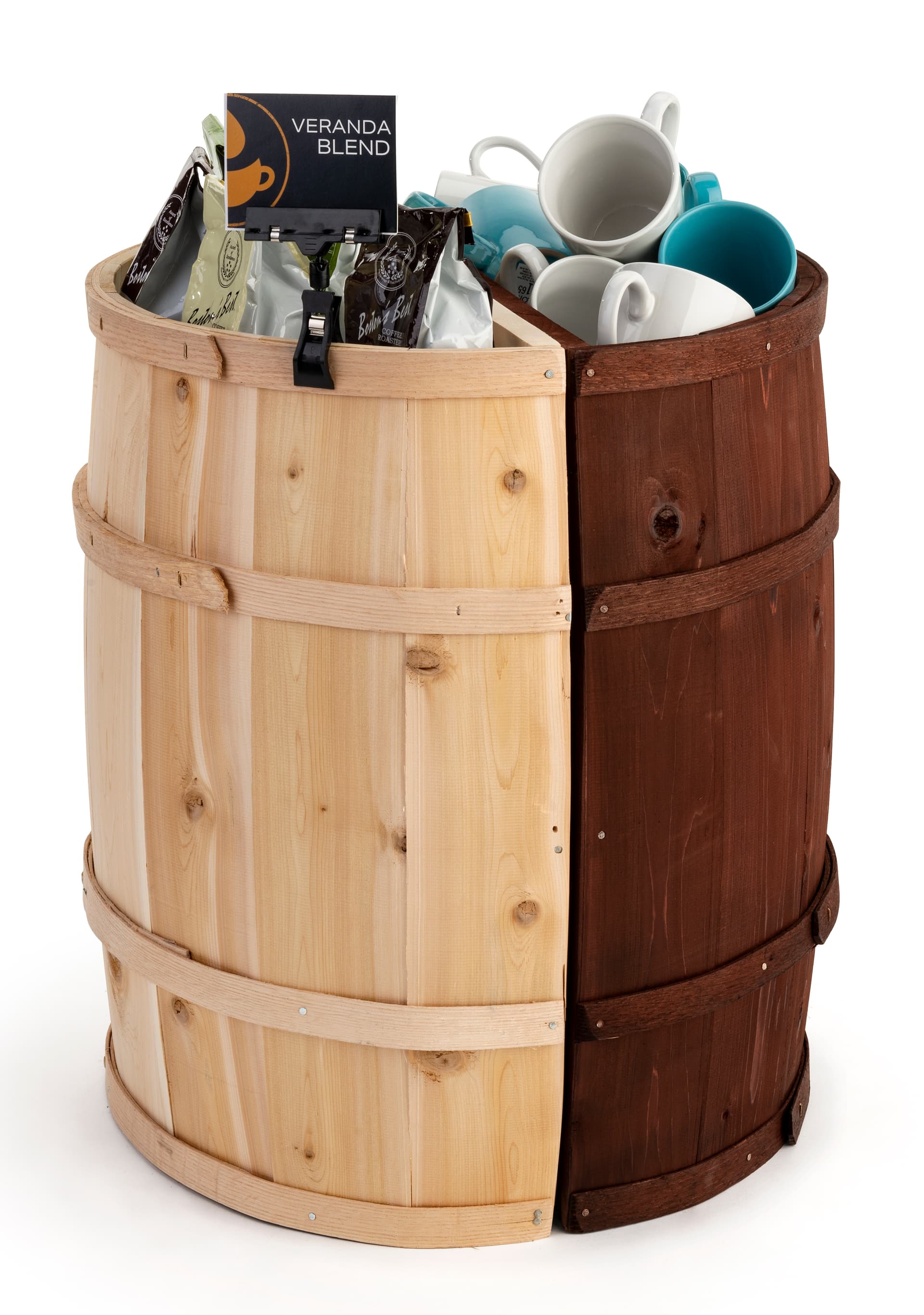 Split half barrel display made of durable cedar